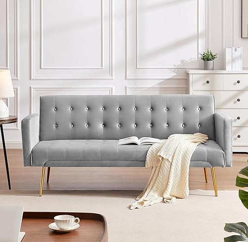 Sofá cama futón de terciopelo de 72 pulgadas, sofá cama plegable convertible, moderno sofá biplaza reclinable copetudo con patas cromadas doradas