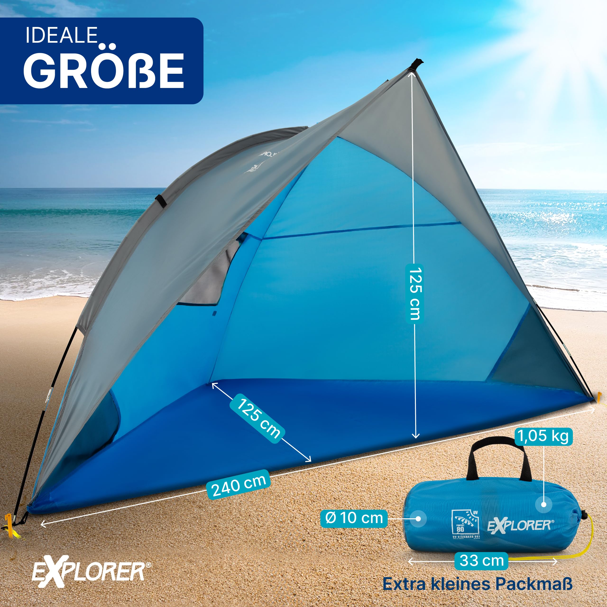 EXPLORER Reise Strandmuschel mit UV Schutz 80+ [240x125x125cm] kleines Packmaß [9x32cm] leicht [1Kg] Strandzelt Sonnenschutz & Windschutz Muschel Reiseformat