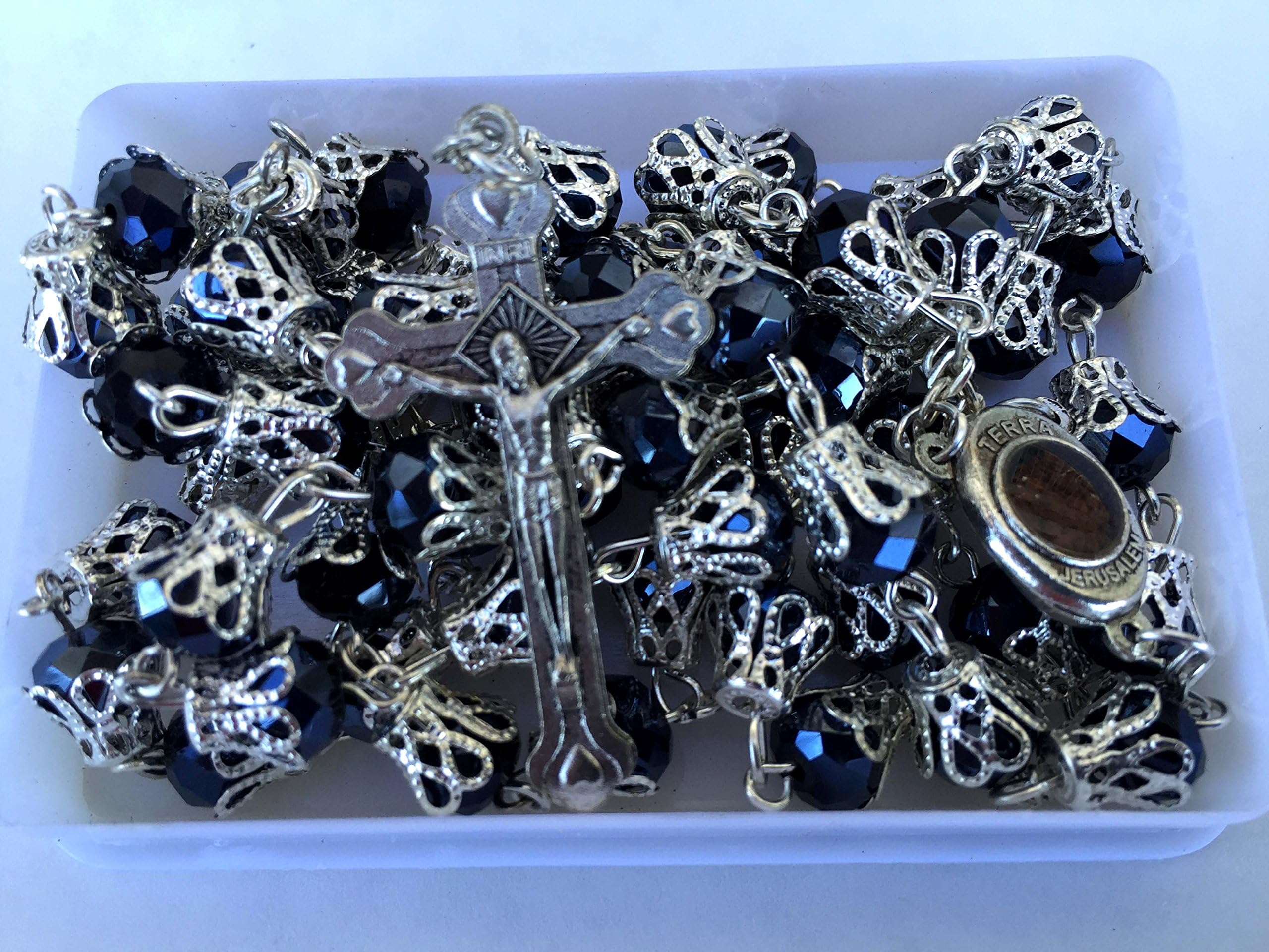 Unique Large Glass Crystal Beads Rosary with Holy Soil Silver Crucifix by Bethlehem Gifts TM (Black)