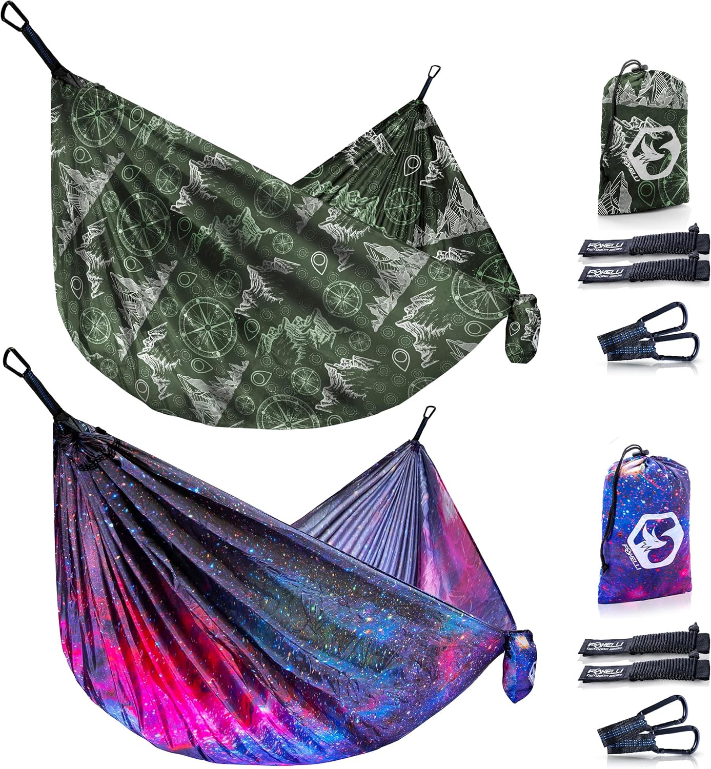 Foxelli Camping Hammock Bundle of 2 – Lightweight Parachute Nylon Portable Hammocks with Tree Ropes and Carabiners