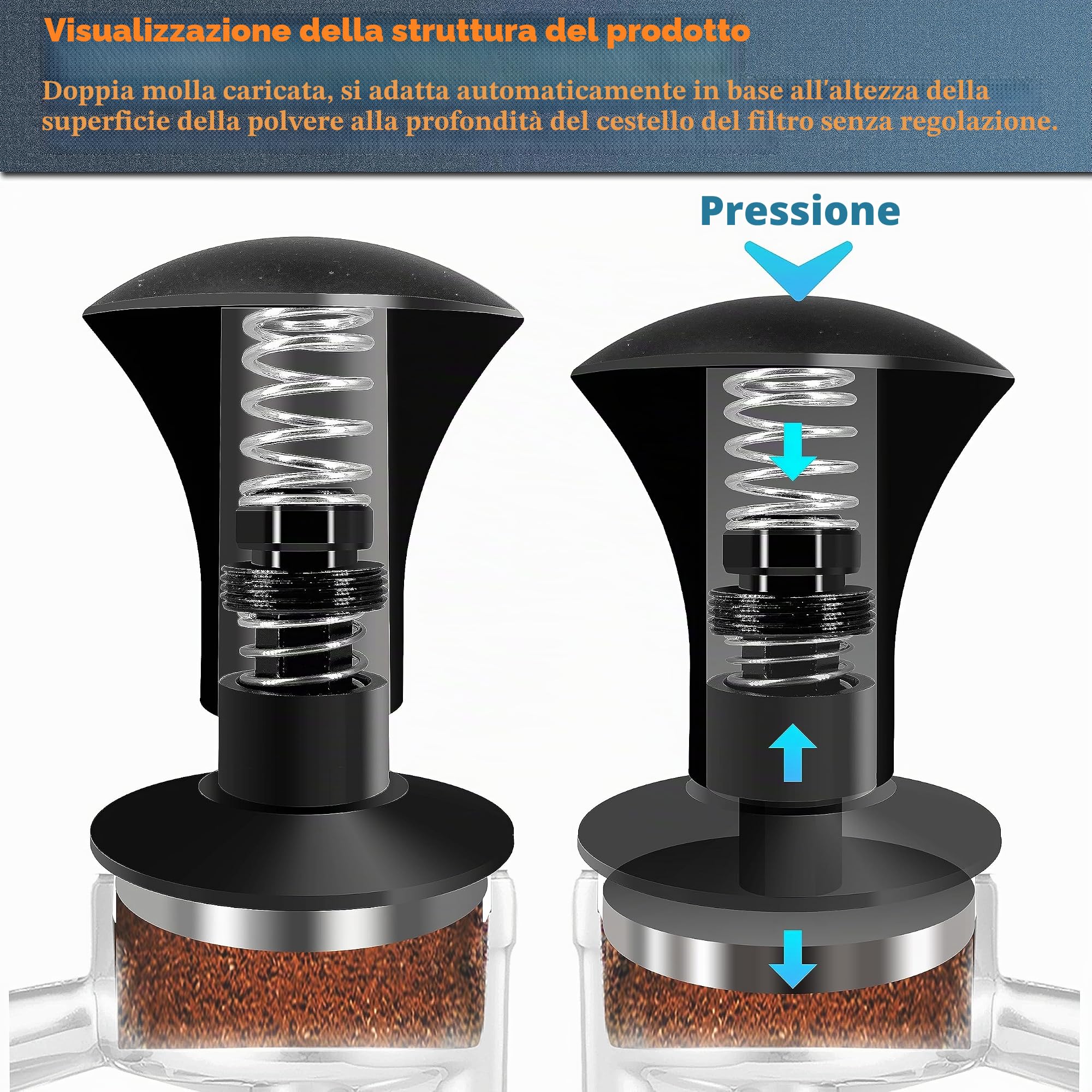 NEOUZA, tamper per espresso V2 a doppia molla calibrata per portafiltro della macchina da caffè, antideflessione da pressione, manico raffinato, base in acciaio ondulata (53,3 mm)