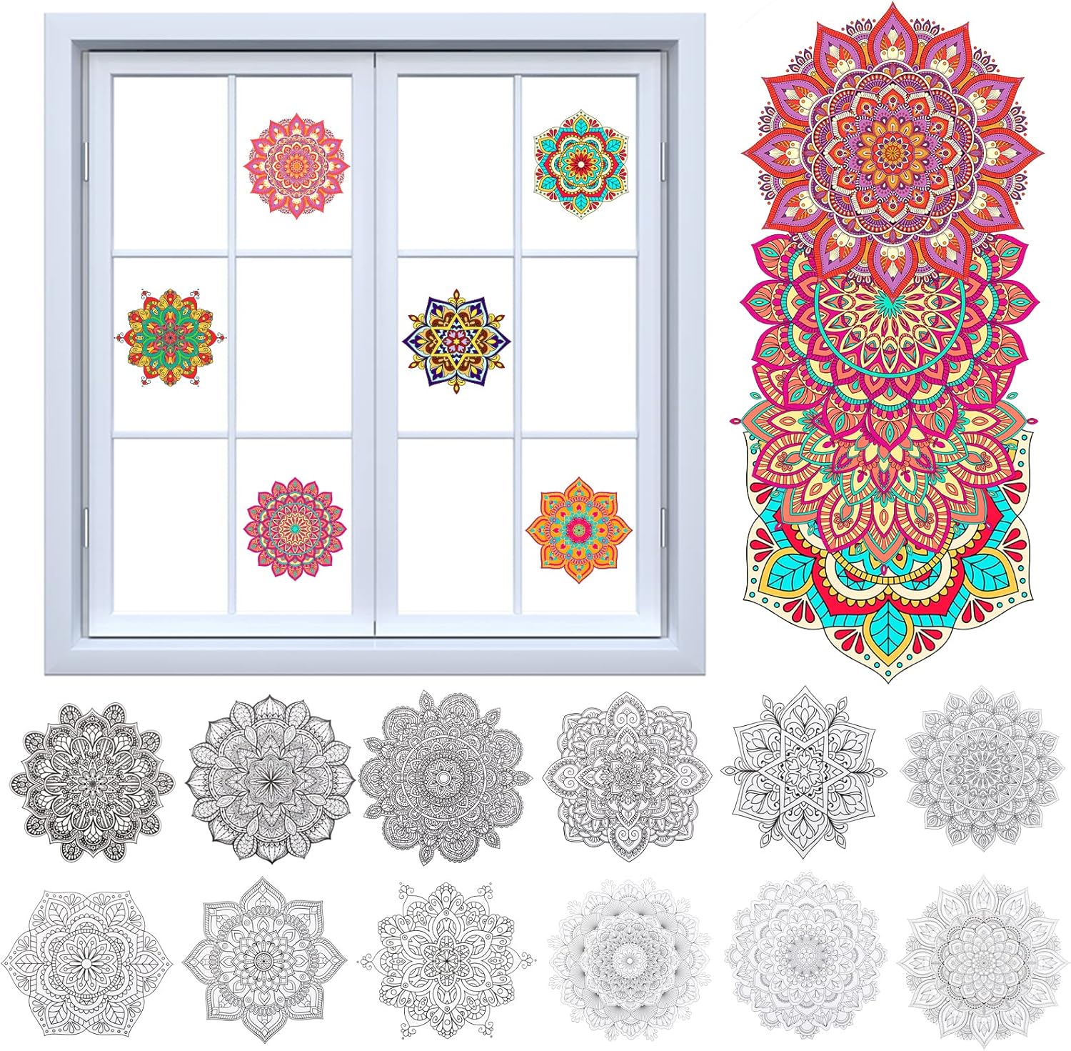 24PCS Mandala Window Cling Decals, Color Your Own Stained