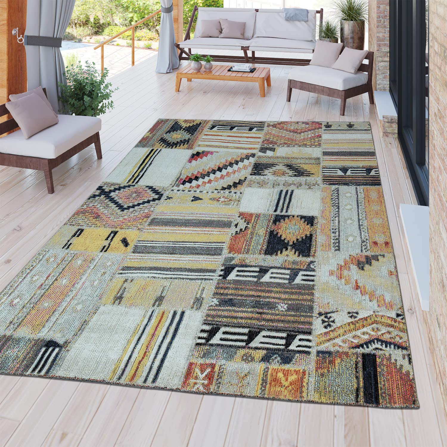 TT Home Moderner Outdoor Teppich Wetterfest für Innen & Außenbereich Boho Style In Multifarben