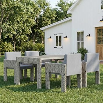 5 Piece Patio Dining Set, Rattan Outdoor Dining Set for 4, High Back Outdoor Dining Table Sets, Rectangular Patio Table and Dining Chairs Set of 4, All Weather Outdoor Table and Chairs, Grey