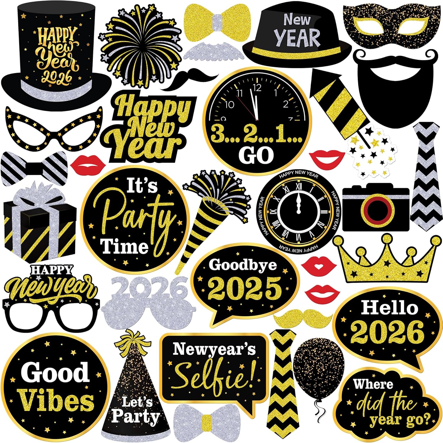 KatchOn, Pack of 37, New Years Photo Booth Frame Banner | Happy New Year Photo Booths Picture Frame, New Years Eve Party Supplies 2026 with New Years Photo Booth Props 2026 | New Years Eve Photo Booth