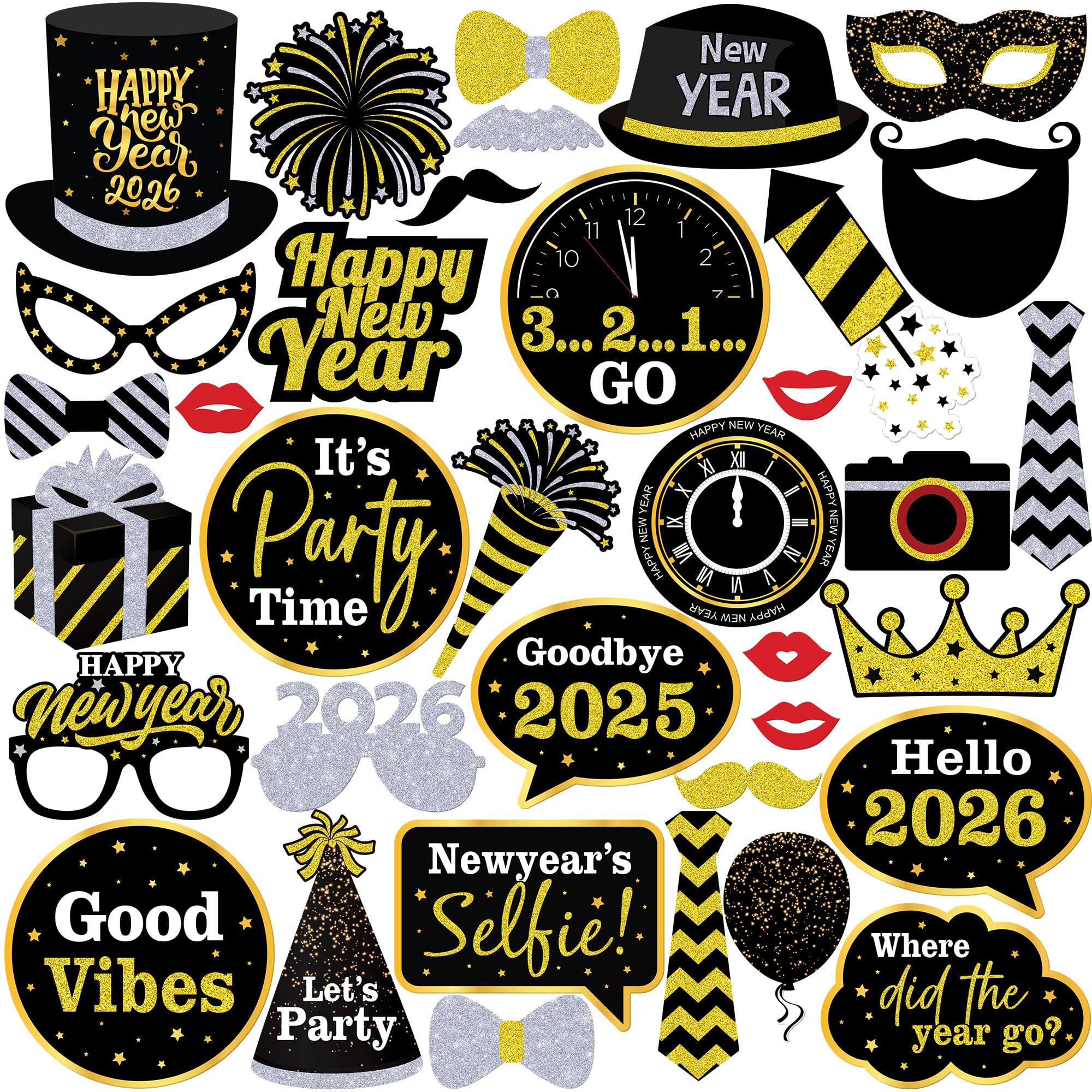 KatchOn NYE Photo Booth Props 2025 - Pack of 36 | Black Gold Cardstock Masquerade Themed Party Supplies