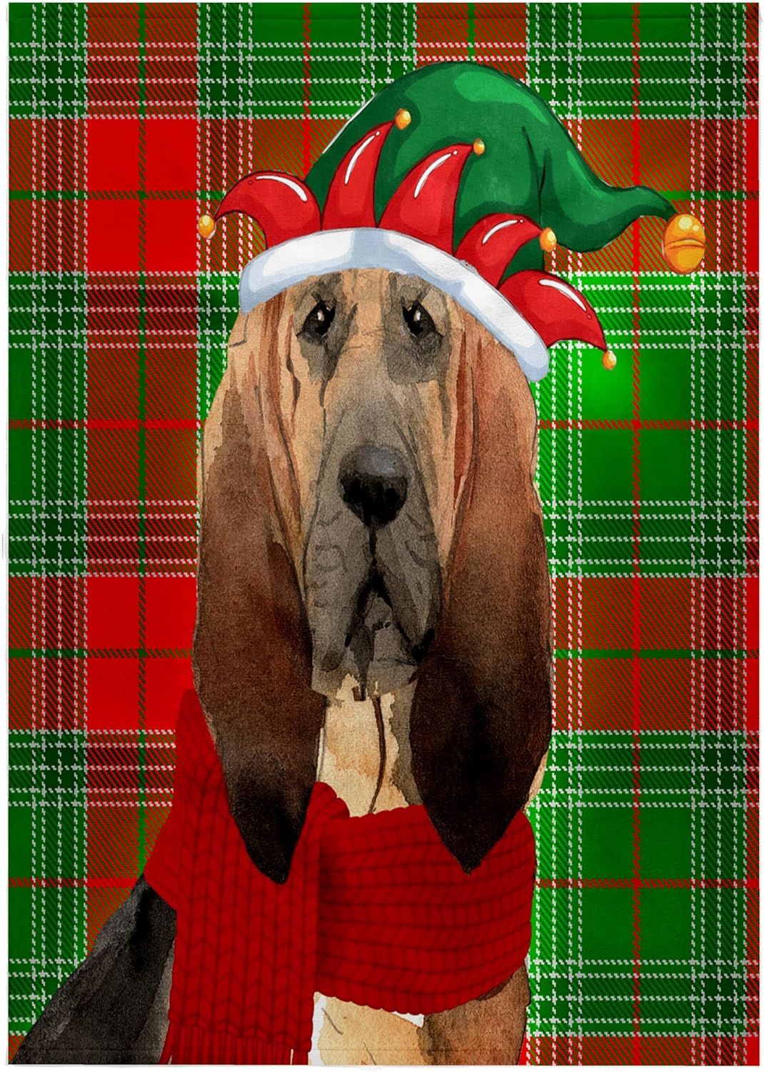 3dRose - Funny Bloodhound Dog in Elf Cap on Red and Green Christmas Plaid - Towel - (twl-351749-2)