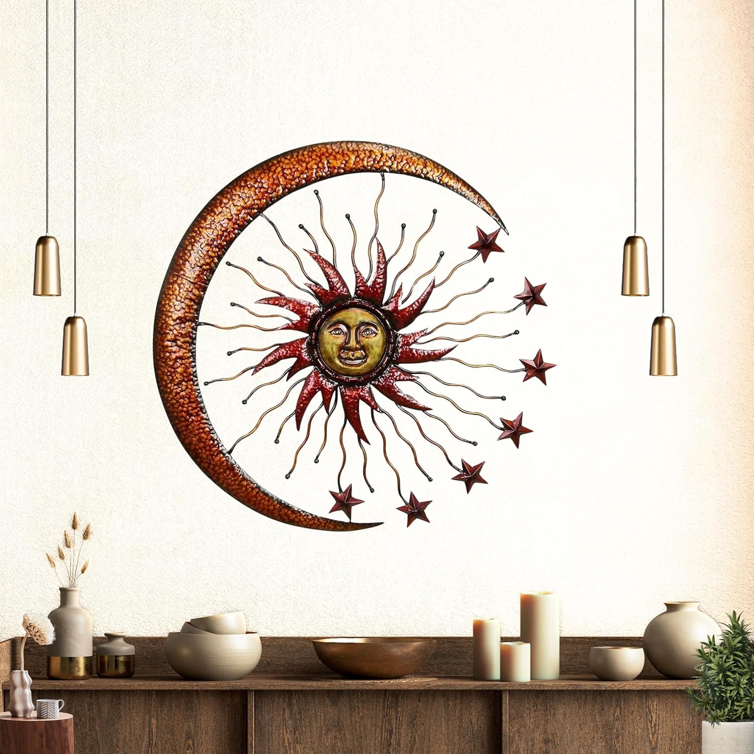 Bellaa 27604 Metal Wall Art Sun Moon Stars Indoor Crescent Celestial Outdoor Hanging Garden Home Decor Large 24 inch