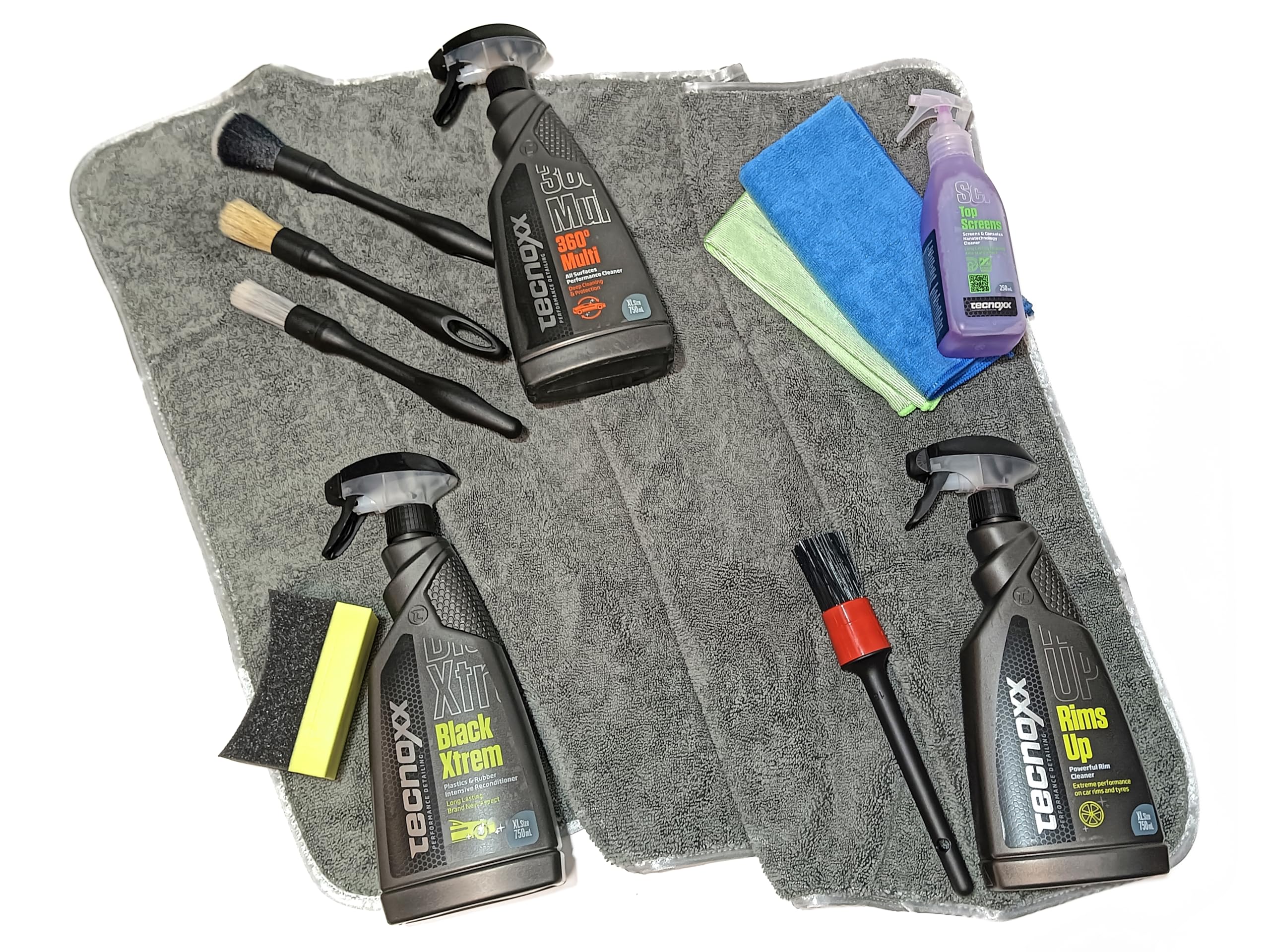 Tecnoxx - Kit Full Detailing PRO Set Completo 9 Prodotti per la Pulizia e la Manutenzione Interna ed Esterna delle Auto Include Lucidante Pulitore Cerchi Schizzi Rivestimenti Interni Insetti e Altro