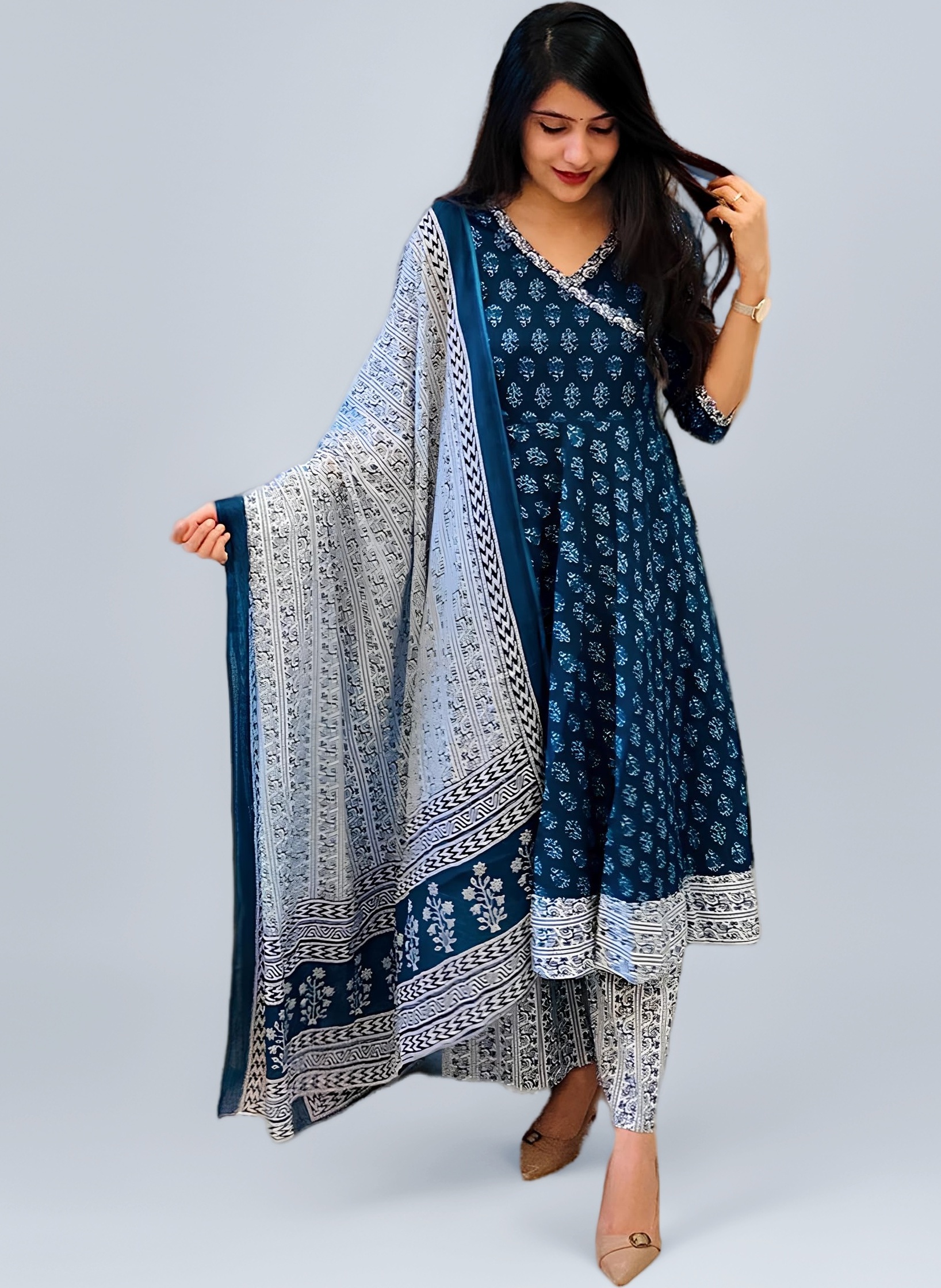 Sidhidata Women's Rayon Printed Anarkali Kurta Pant and Dupatta Set