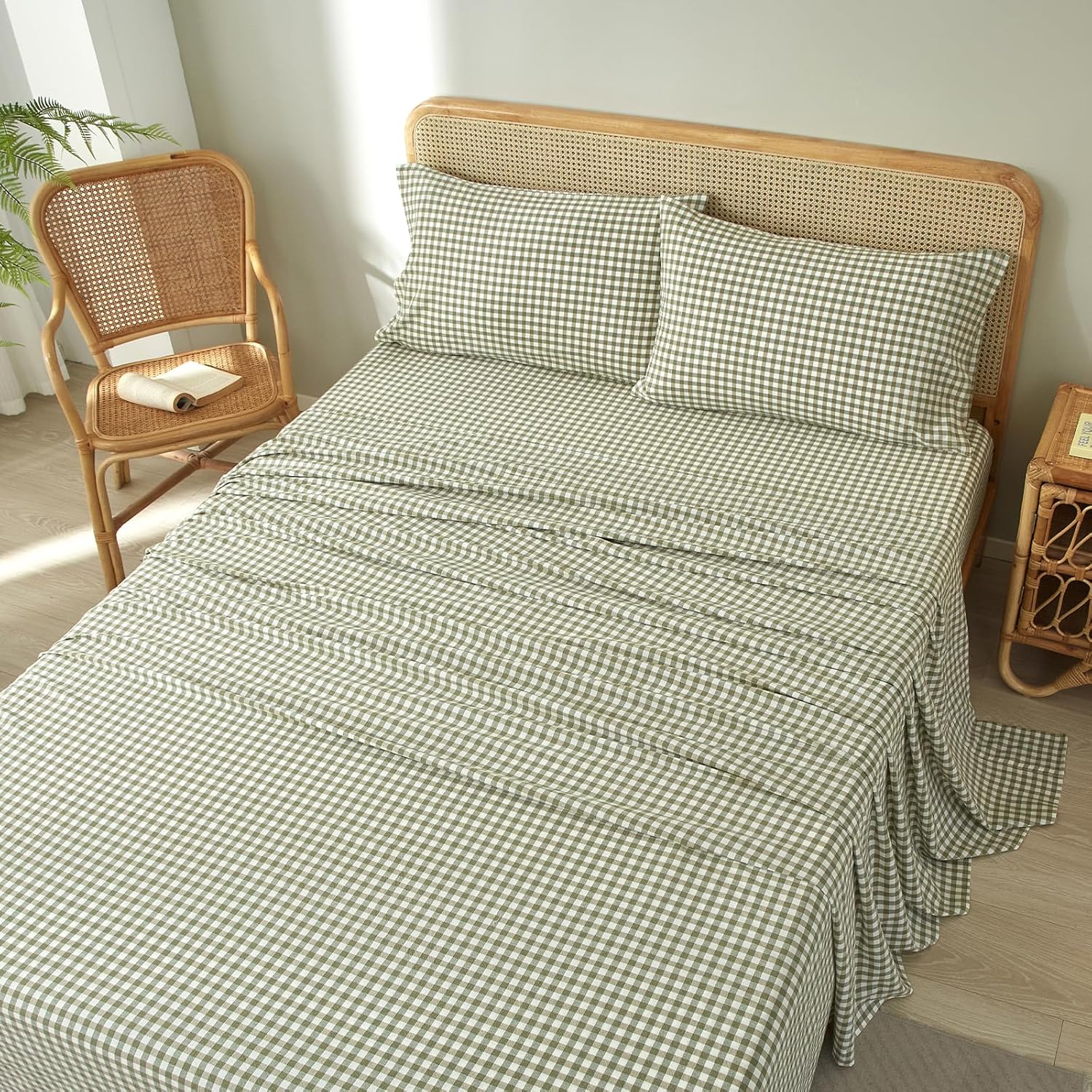 Green Plaid Sheets King Size 4 Piece Gingham Sheets Set, Lightweight Soft 100% Washed Cotton Checkered Grid Bed Sheets with 16'' Deep Pocket, Breathable Farmhouse Gingham Bedding King Sheets Set