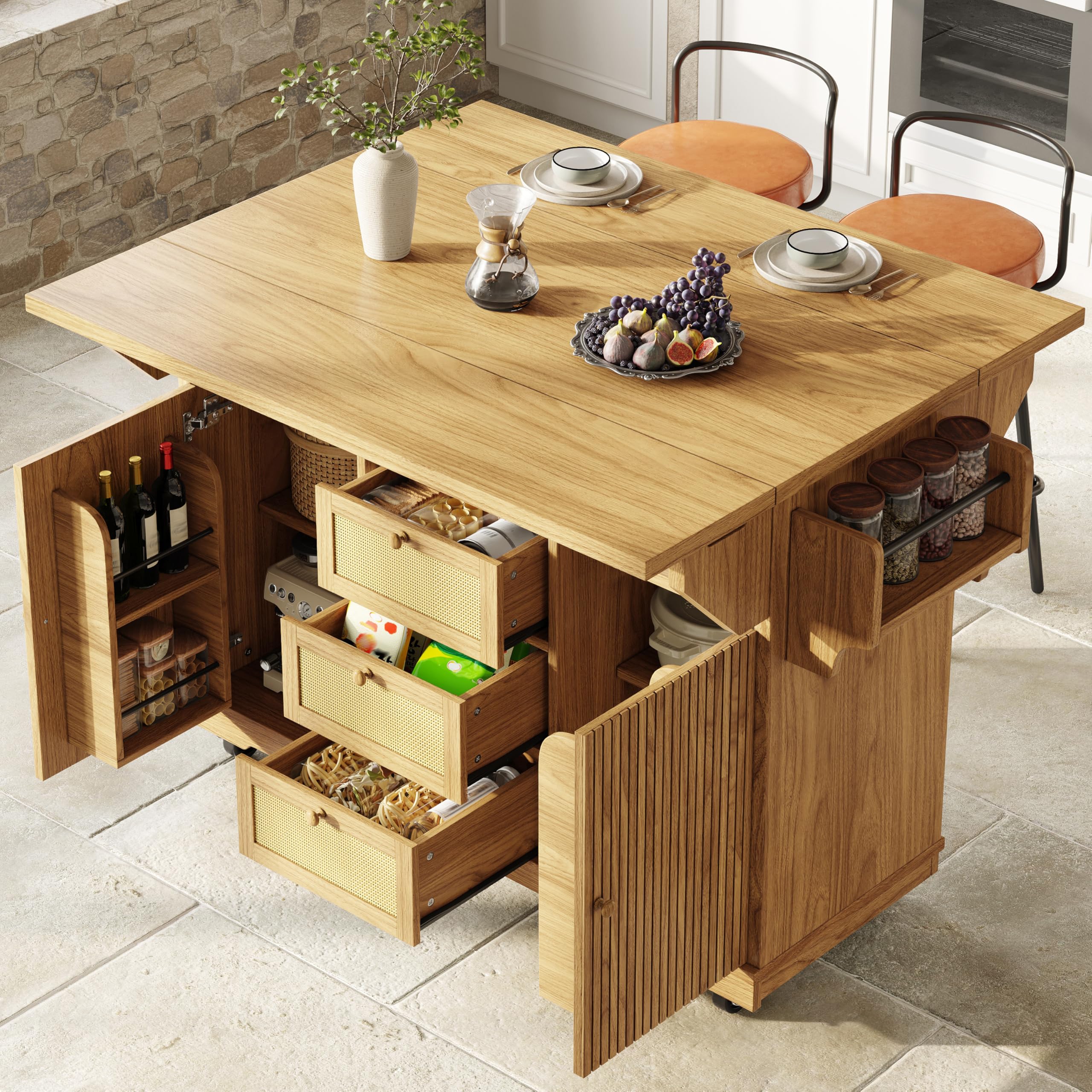 Lexiou Carro plegable para servir de cocina, 95 cm, con altura ergonómica | Cajones de ratán de polietileno para cocina, balcón y camping, color marrón oscuro