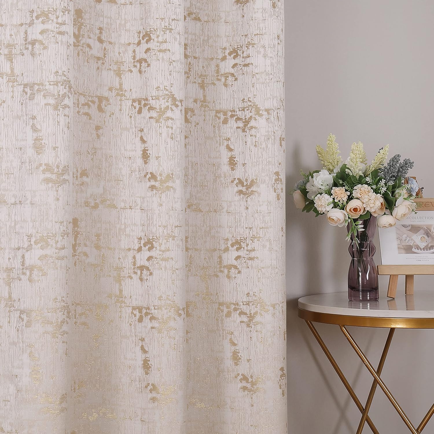 Majestic Giftware 2 Pieces Jacquard Window Curtains - WT1312-4263 | (42 x 63) Window Treatment for Bedroom, Living Room & Kitchen | Long & Luxury Insulated Curtains (White/Gold)