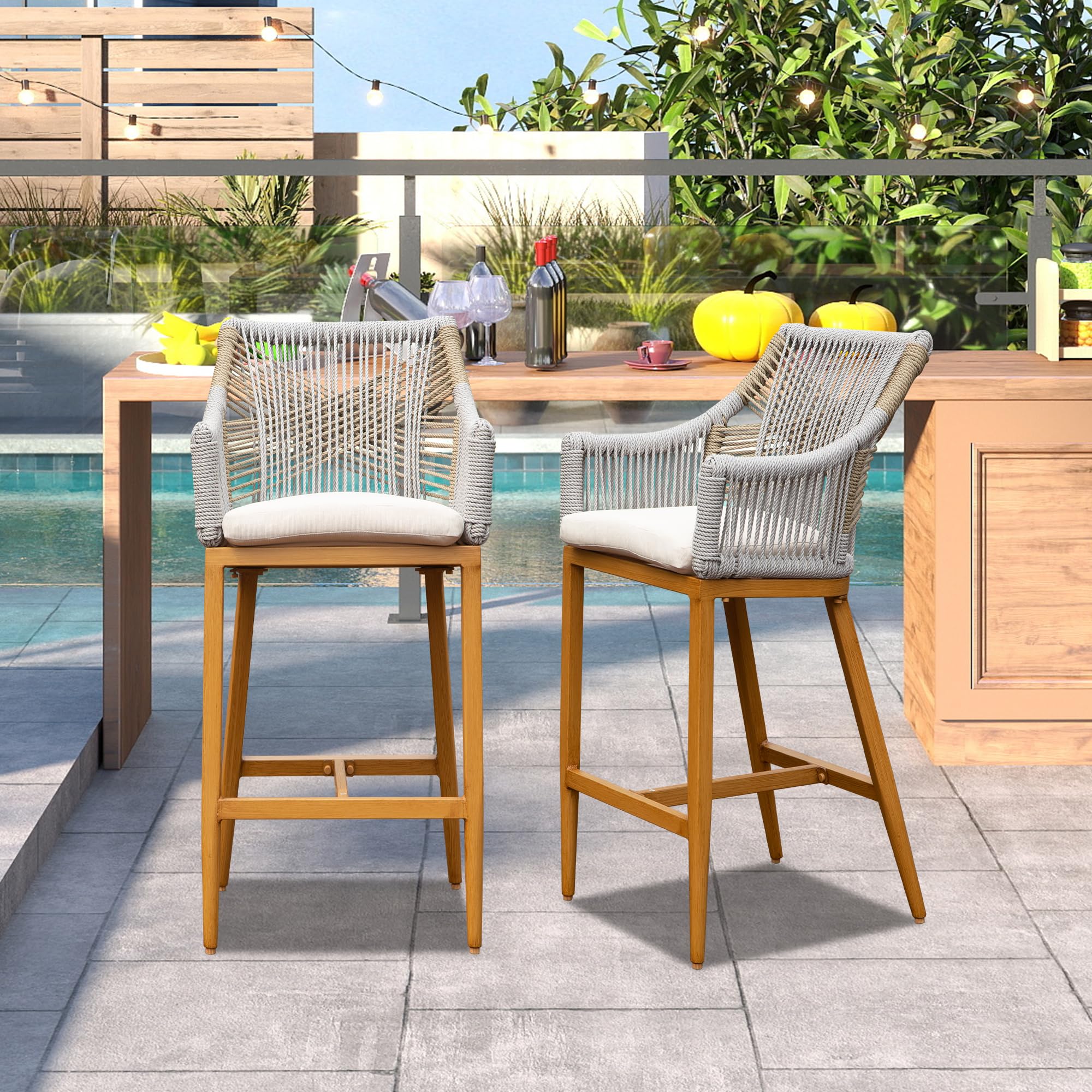 Domi Outdoor Counter Height Bar Stools Chair Set of 2, Modern Patio Aluminum Tall Barstools with Backrest and Arm for Pool, Kitchen, Garden, Cushions