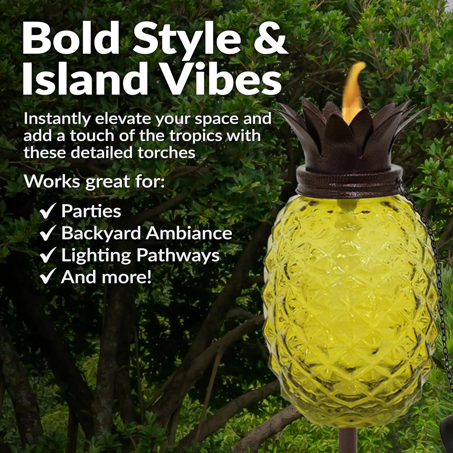 Sunnydaze Tropical Pineapple Glass Patio Torches Set of 2 - 23 to 63-Inch Outdoor Lawn Torch, Garden, Deck & Backyard - Yellow