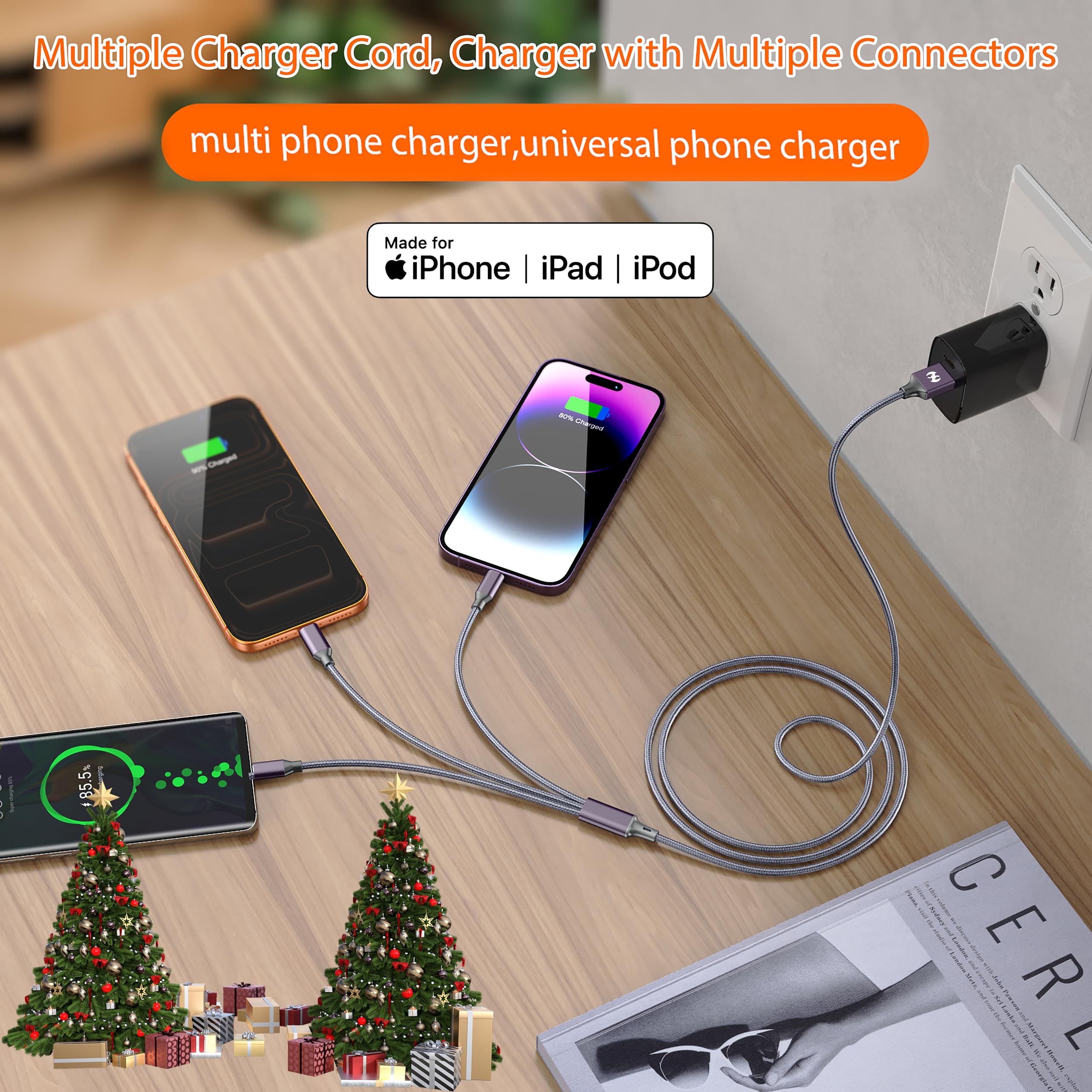 Cable de carga múltiple (4 pies, 2 unidades), cable de carga USB 3 en 1 para múltiples dispositivos, cable de carga universal trenzado para teléfono con tipo C/USB C, micro USB, puerto IP para iPhone