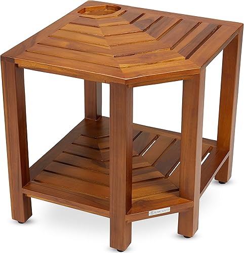 TeakCraft Banco de ducha esquinero de teca con cesta de 17.5 pulgadas, totalmente montado