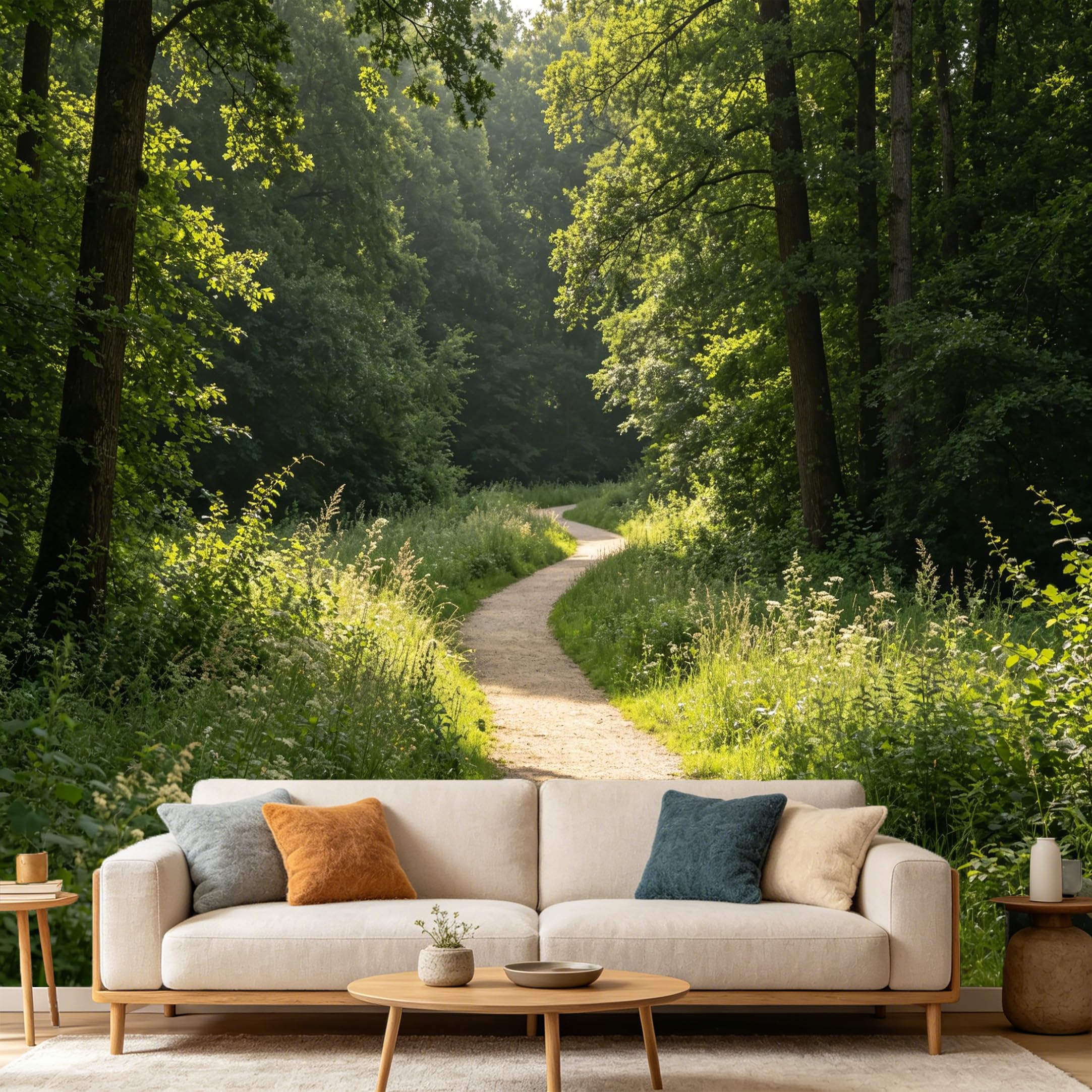 Custom Size Wall Mural Forest Landscape Winding Path Sunlit Trees Nature Scenery SelfAdhesive Art Prints wall Fabric（No PVC） Removable Wallpaper Home Bedroom Decor