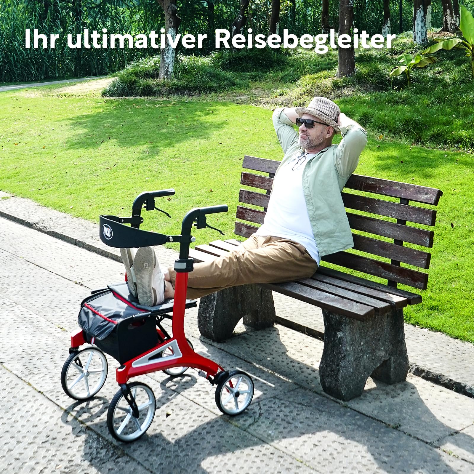 VOCIC Z71 Rollator faltbar leicht mit Sitz, Wasserdicht Aluminium Walker | Leicht klappbar für Senioren, Rollatoren leichtgewicht und faltbar spezial, Pannensichere All-Terrain-PU-Reifen, Rot