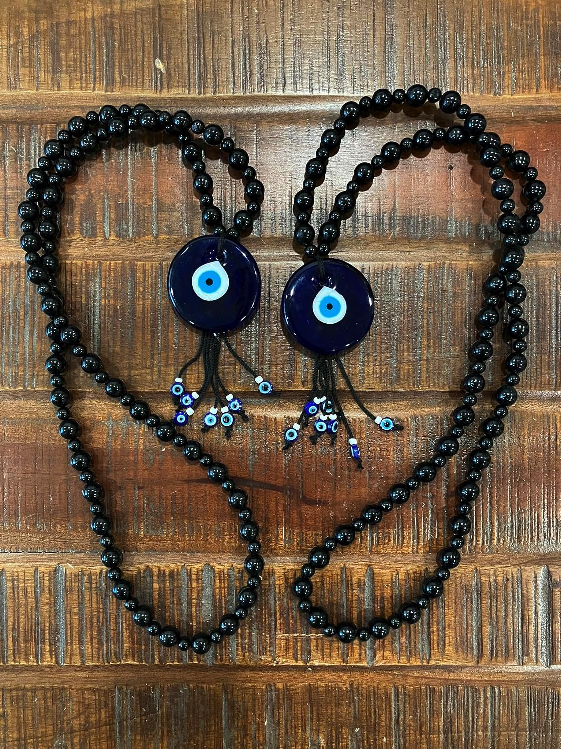 Boho Witchy 2pcs Beaded Curtain Tiebacks - Evil Eye Turkish Decor for Living Room - Black