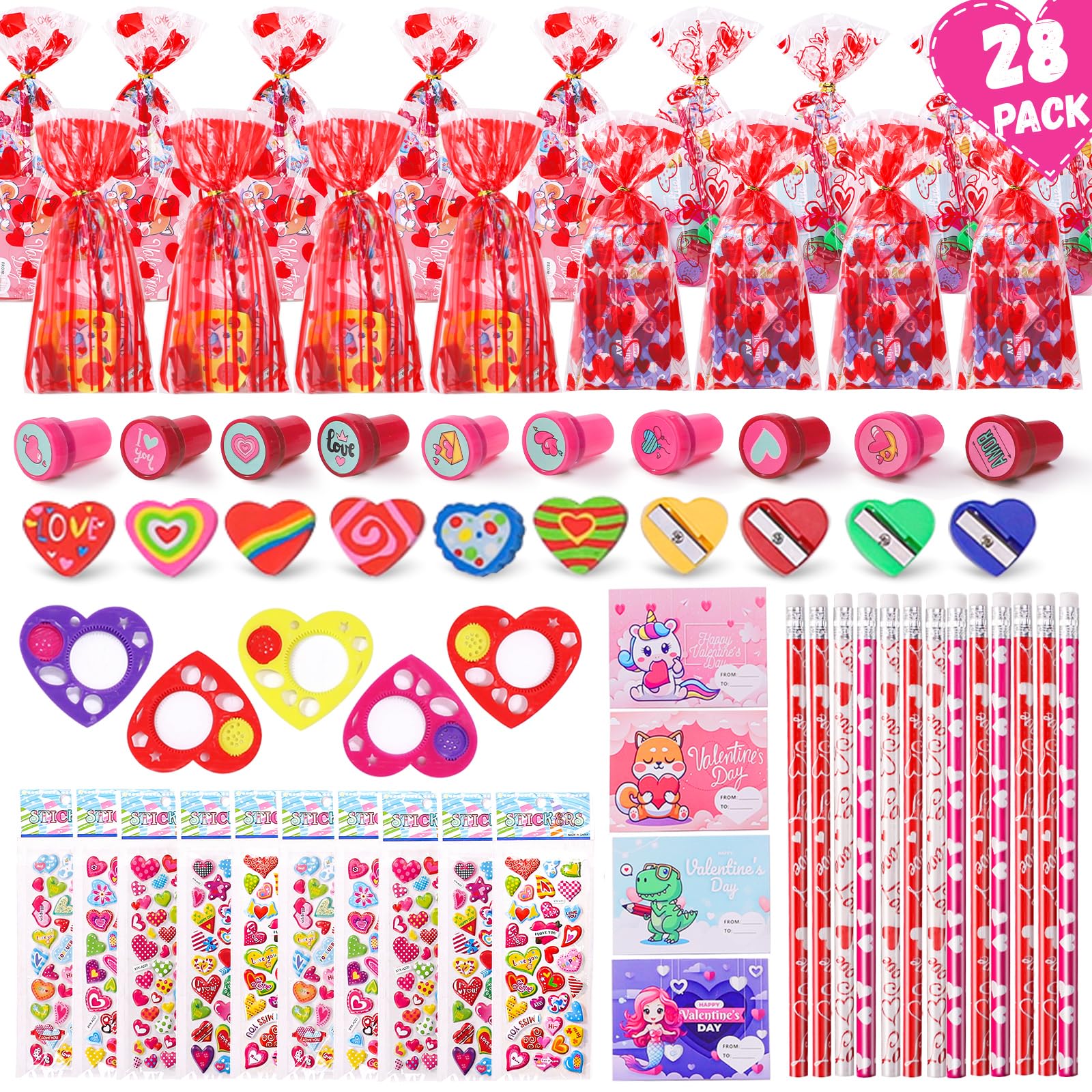 Valentines Day Gifts for Kids 28 Pack Valentines Day Cards for Kids Classroom School Exchange, 224PCS Stationery Set Valentines Day Goodie Bag Stuffers Party Favors Treats for Boys Girls