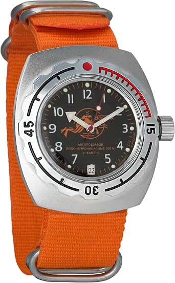 Vostok Amphibian Automatic Mens Watch Automatic Military Diver Amphibia Case Wristwatch #090380 Scuba Dude, 090380 Orange, Diver, Automatic