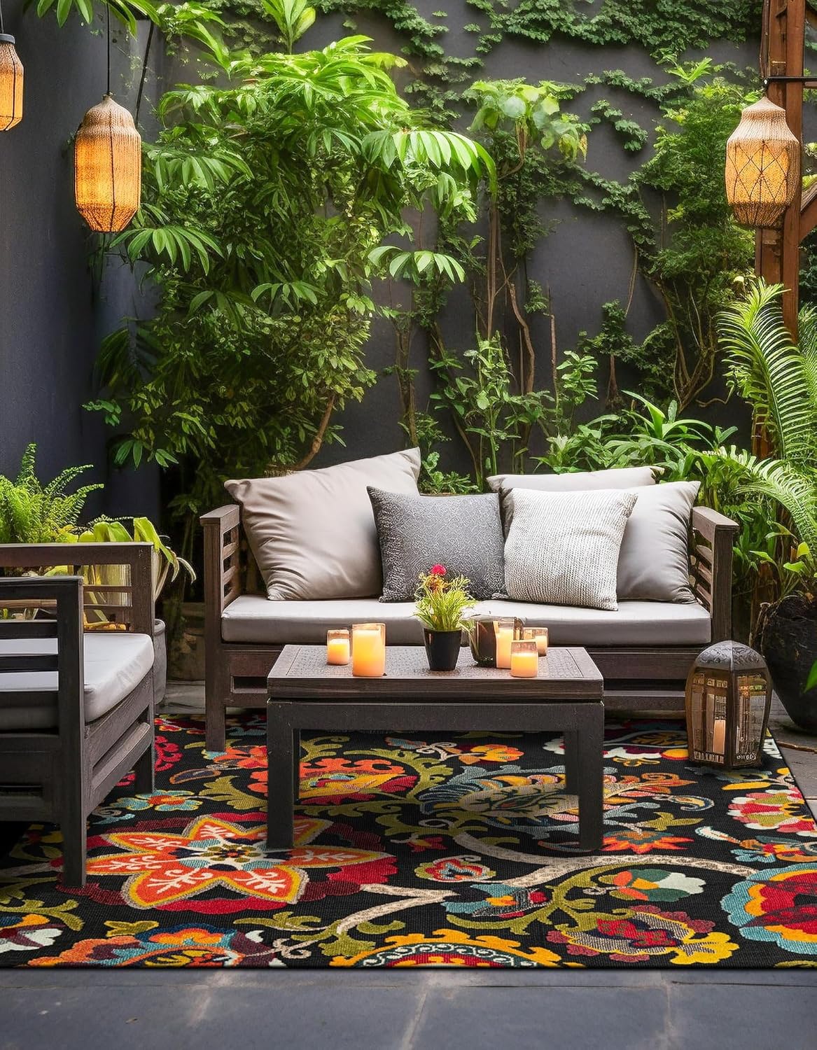 Rugs.com Outdoor Casablanca Collection Rug – 8 Ft Square Multi Black Low-Pile Rug Perfect for Living Rooms, Kitchens, Entryways