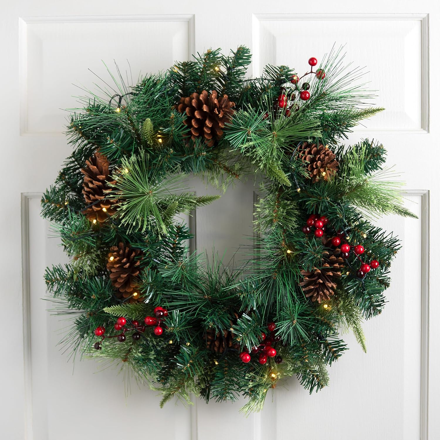 Pre-Lit Battery Operated Mixed Pine and Berries Christmas Wreath - 24" - Warm White LED Lights