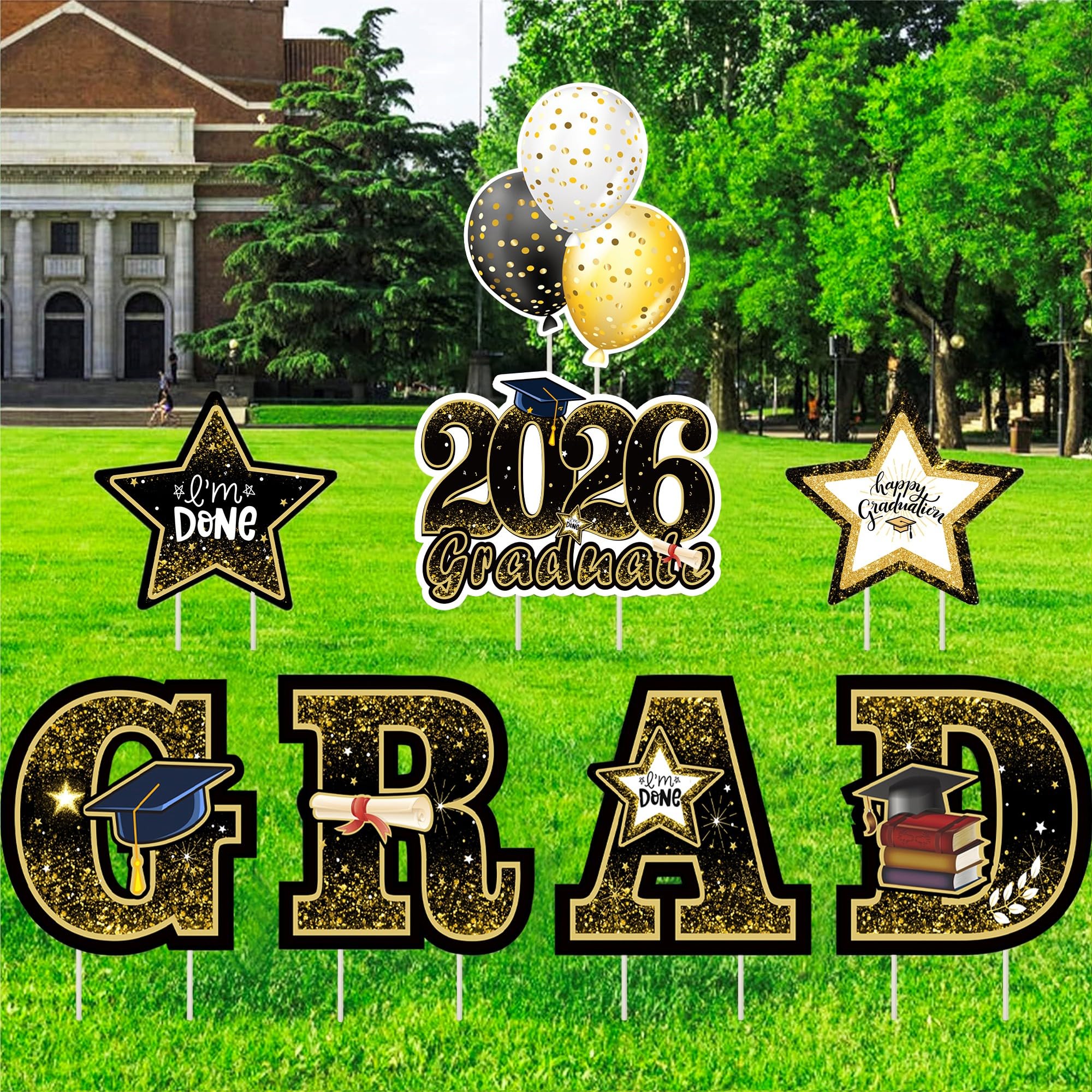 Graduation Yard Sign Decorations 2026, 8 PCS Large Congrats Grad Yard Stakes, Gold and Black Graduation Lawn Signs Decor, Waterproof Outdoor