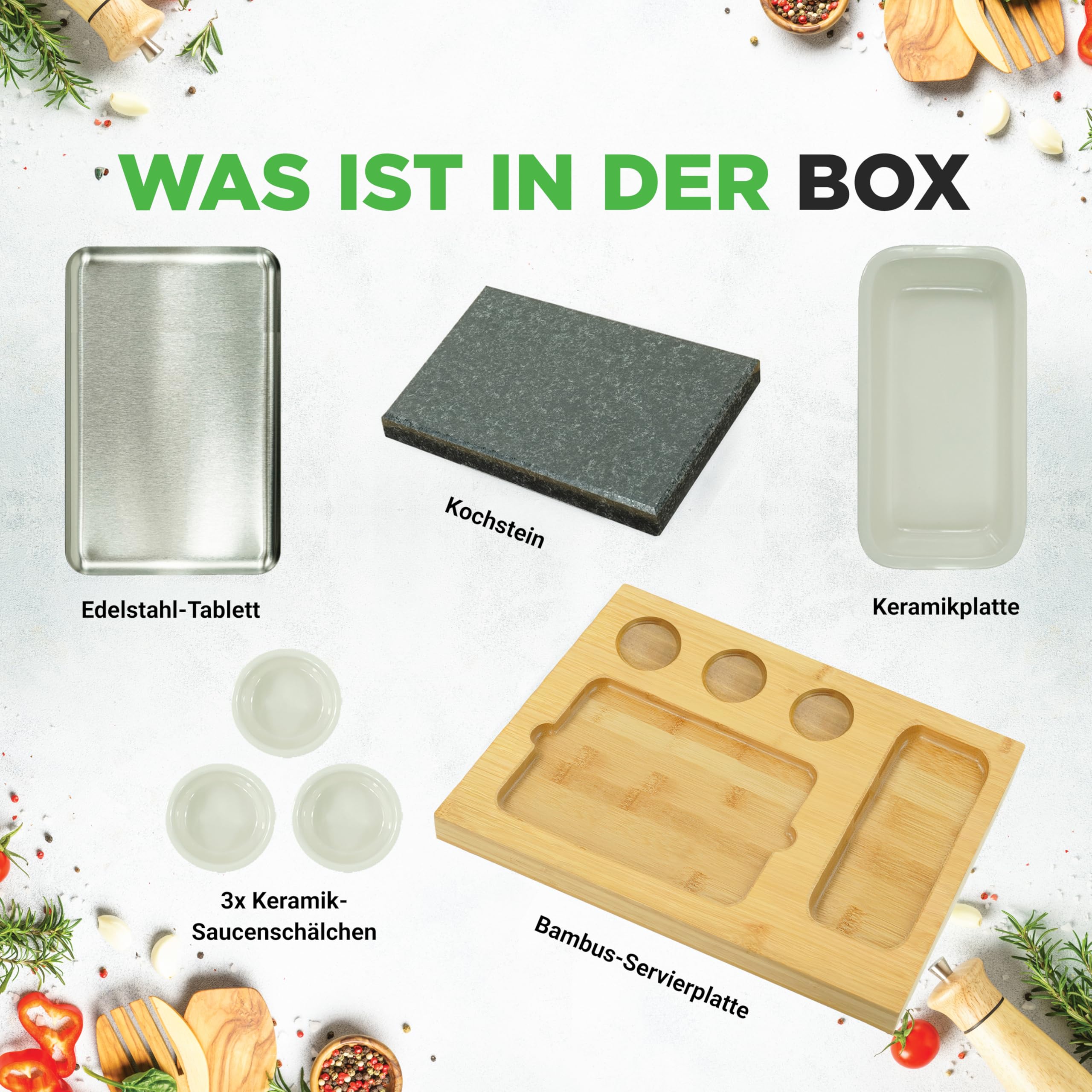 NutriChef Heißer Stein Grillplatte – Tischgrill-Set mit Bambus und Keramik Ideal für Steak und Dinner - Natürliches Granit-Kochset - Servierplatte mit Saucenschälchen