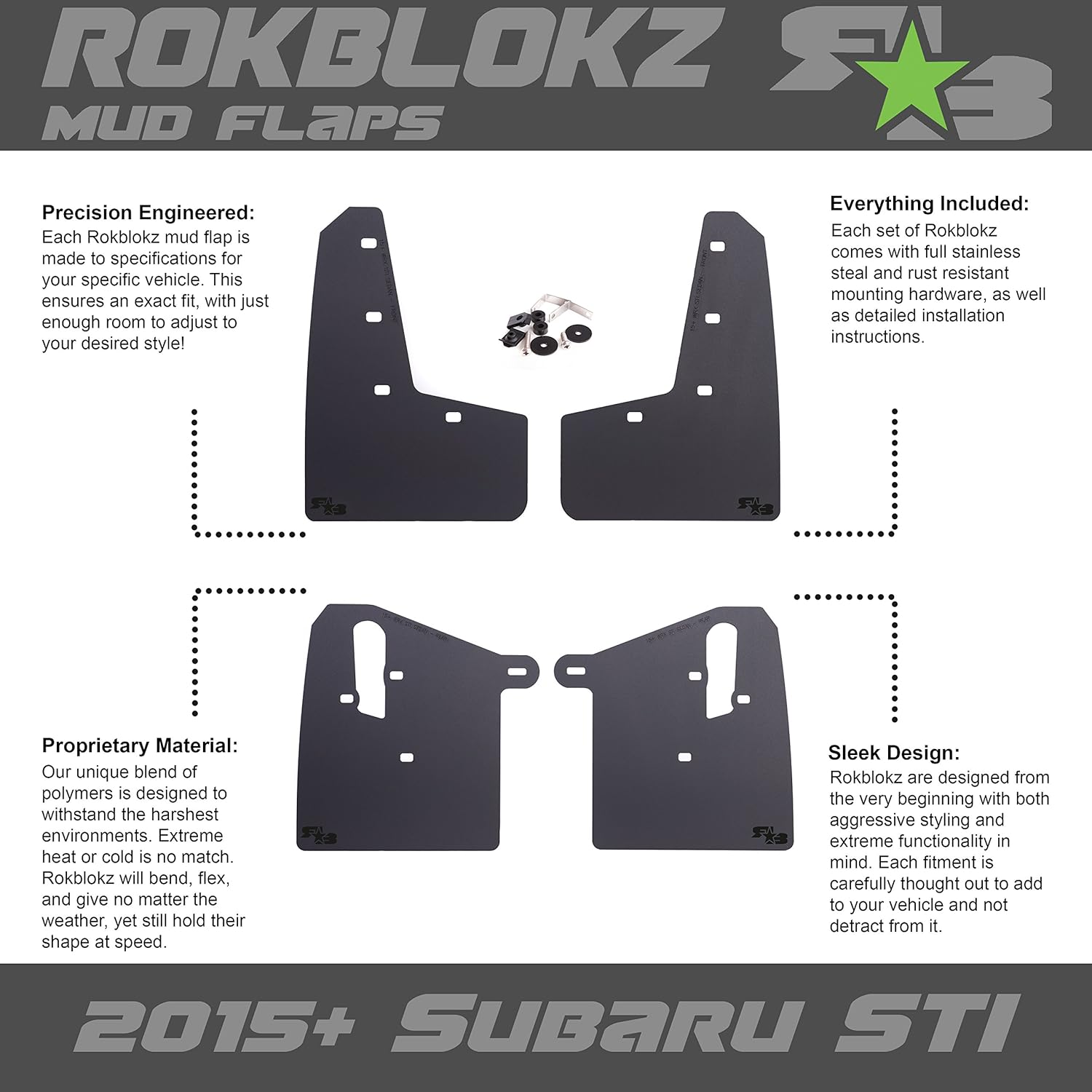 RokBlokz Mud Flaps for 2015-2021 Subaru WRX STI - Multiple Colors Available - Mud Guards are Custom Cut and Fit - Includes All Mounting Hardware (Black with Red Logo, Short)