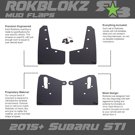 RokBlokz Mud Flaps for 2015-2021 Subaru WRX STI - Multiple Colors Available - Mud Guards are Custom Cut and Fit - Includes All Mounting Hardware (Black with Black Logo, Original)