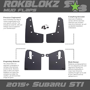 RokBlokz Mud Flaps for 2015-2021 Subaru WRX STI - Multiple Colors Available - Mud Guards are Custom Cut and Fit - Includes All Mounting Hardware (Black with Black Logo, Original)
