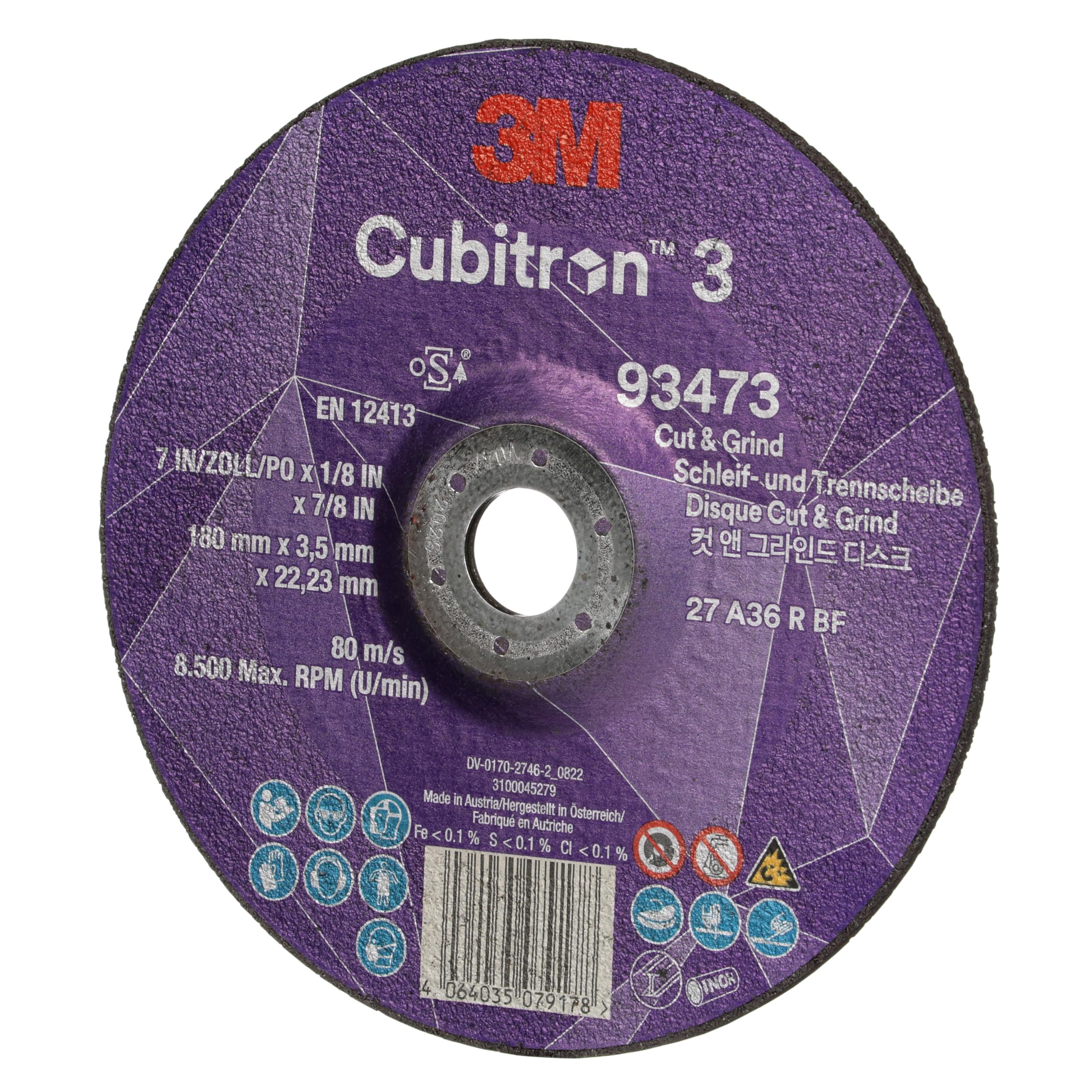 3M Cubitron 3 Disco de Corte y Desbaste, 93473, 36+, T27, EN | 180 mm x 3.5 mm x 22.23 mm, Paquete de 10 Unidades