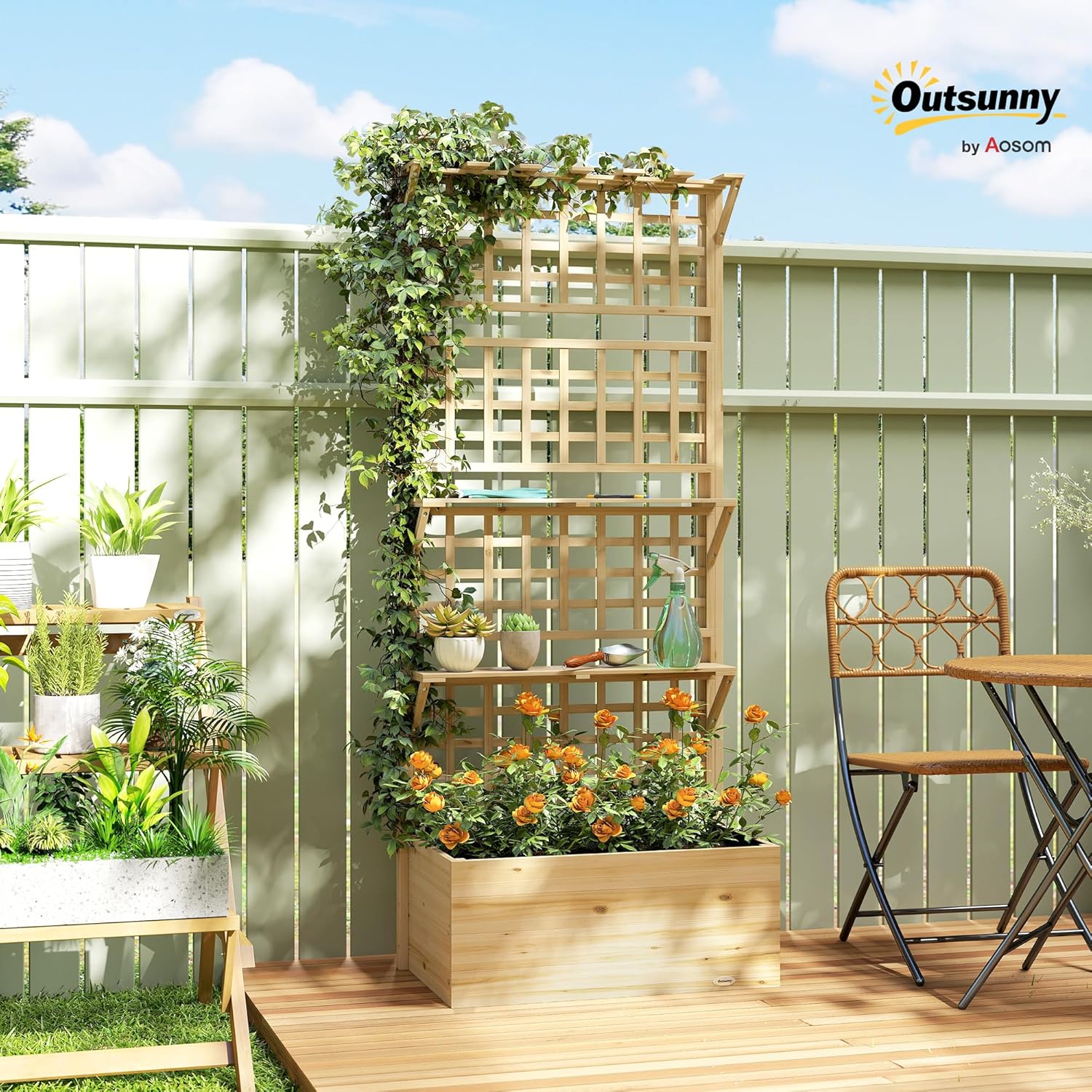 Outsunny Wooden Raised Garden Bed with Trellis and Roof, Elevated Outdoor Planter Box with 2 Shelves, Drainage Hole and Liner for Climbing Plants Vegetables Flowers, Natural