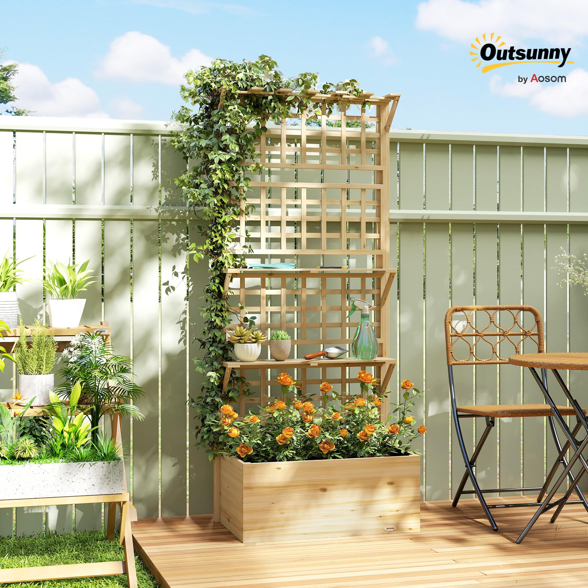 Outsunny Jardinera con Enrejado y Techo de Madera, Jardinera Exterior Grande para Plantas Trepadoras, con 2 Estantes, Drenaje y Forro, Macetero Elevado para Patio, Terraza, 76x43,5x177 cm, Natural