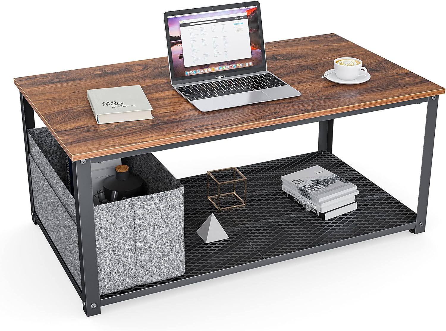 CubiCubi Industrial Coffee Table Tea Side Table with Storage Shelf for Living Room, Vintage Wooden Board with Stable Metal Frame, Easy Assembly, Rustic Brown : Home & Kitchen