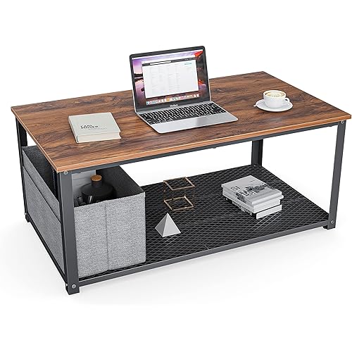CubiCubi 40.8" x 22.8" Coffee Table with Moveable Storage Box for Living Room, Wood Look Accent Furniture with Metal Frame, Easy Assembly, Deep Brown
