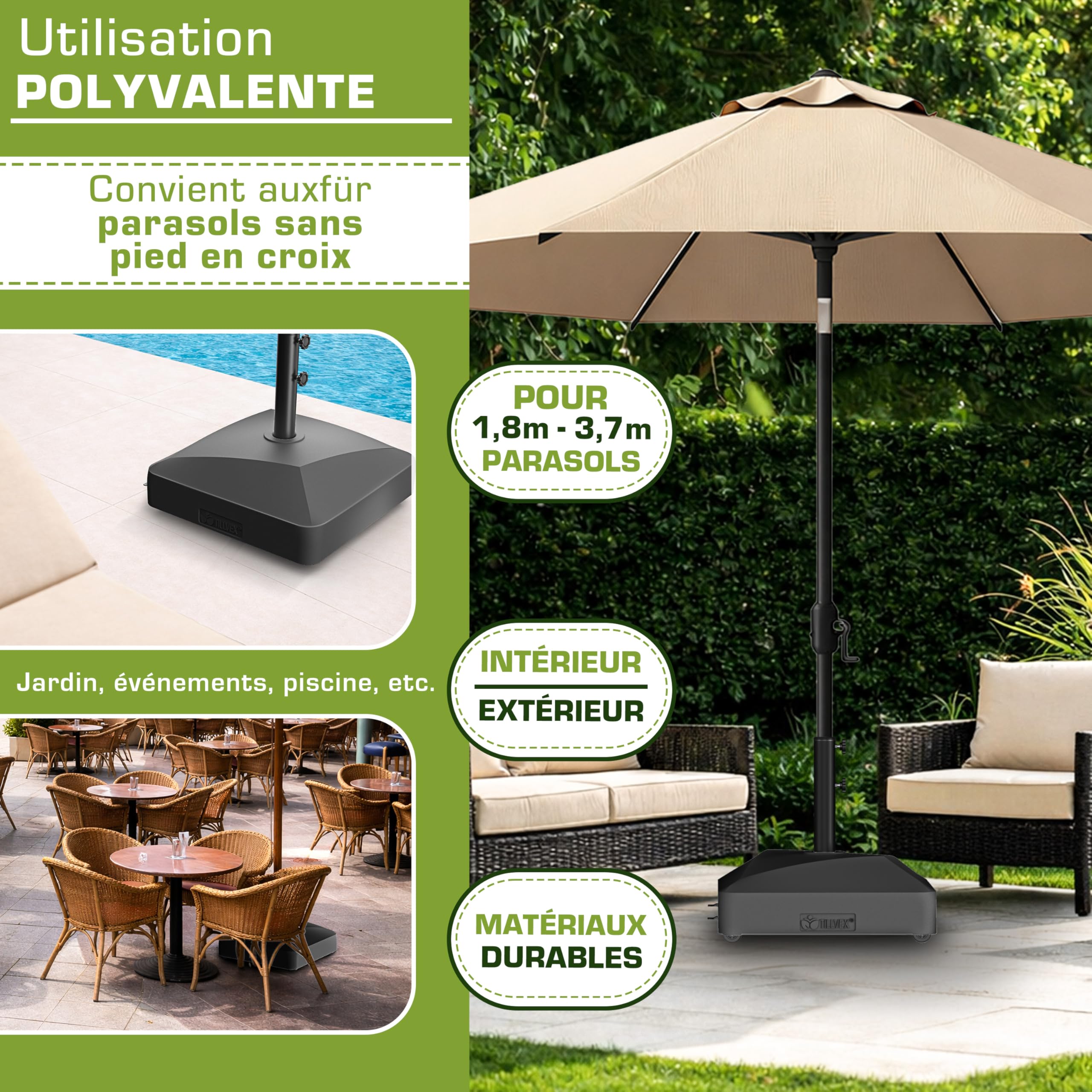 tillvex® Pied de Parasol GRAVIA à roulettes et Freins | Support de lestage Parasol à remplir 37L/56kg | Poids pour Parasol Droit et de marché Ø1,8-3,7m | Résistant aux intempéries et UV (Noir)