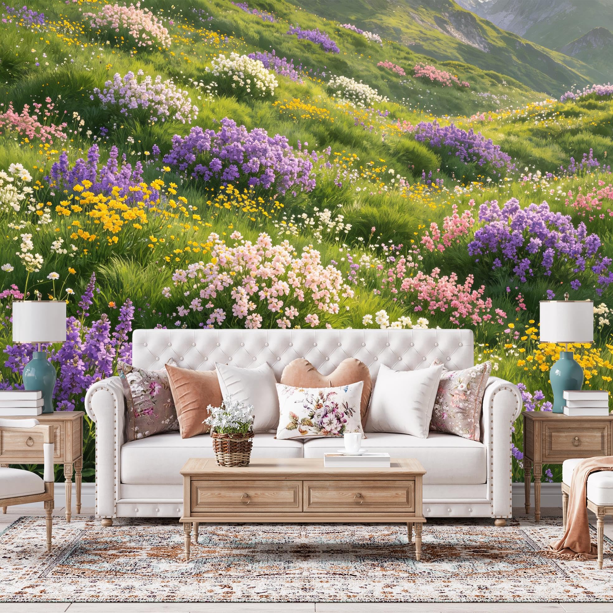 Papier peint intissé cottagecore effet panoramique 3D motif prairie fleurs de montagne