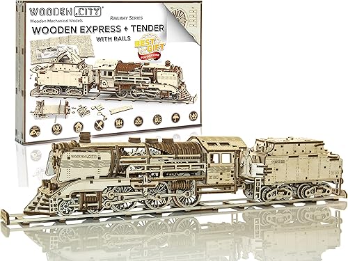 WOODEN.CITY Wooden Express + Tender with Rails Rompecabezas de madera 3D para adultos – Construye tu propio juego de tren con motor de banda de goma