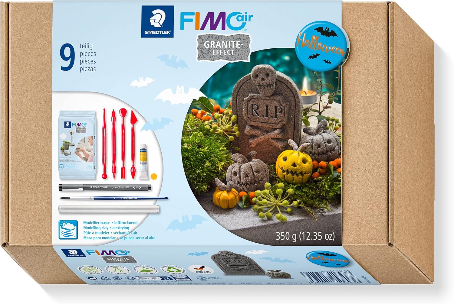 STAEDTLER 81 Set 06 FIMOair Air-Drying Modelling Clay - Halloween Decoration Craft Set with Modelling Tools and Accessories (Set of 9 Pieces, Including 350g Granite-Effect Clay Block)