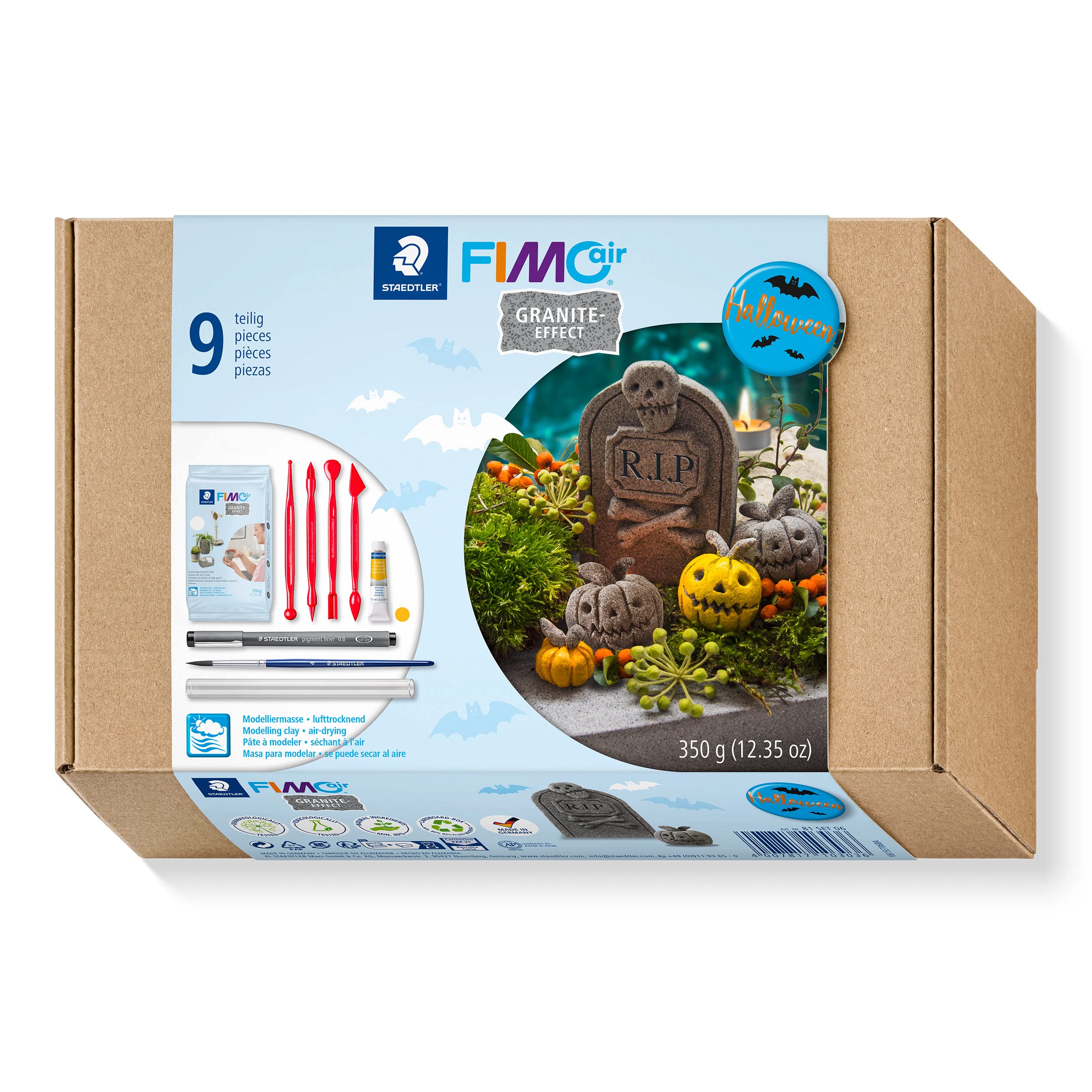 STAEDTLER 81 Set 06 FIMOair Air-Drying Modelling Clay - Halloween Decoration Craft Set with Modelling Tools and Accessories (Set of 9 Pieces, Including 350g Granite-Effect Clay Block)
