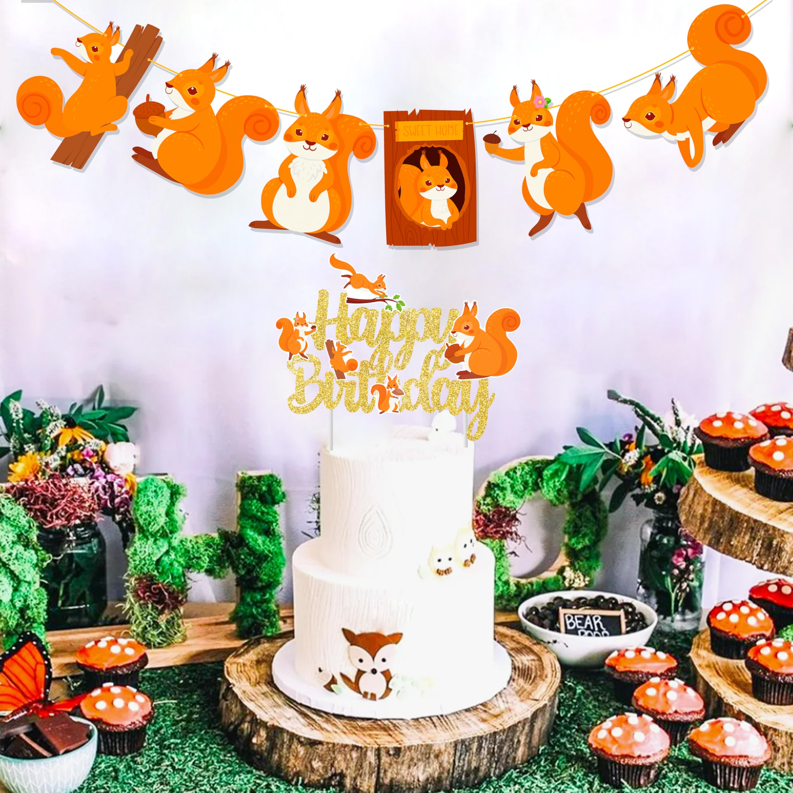 Squirrel Birthday Cake Topper - Woodland Animals Glitter Decor For Squirrel Themed Party