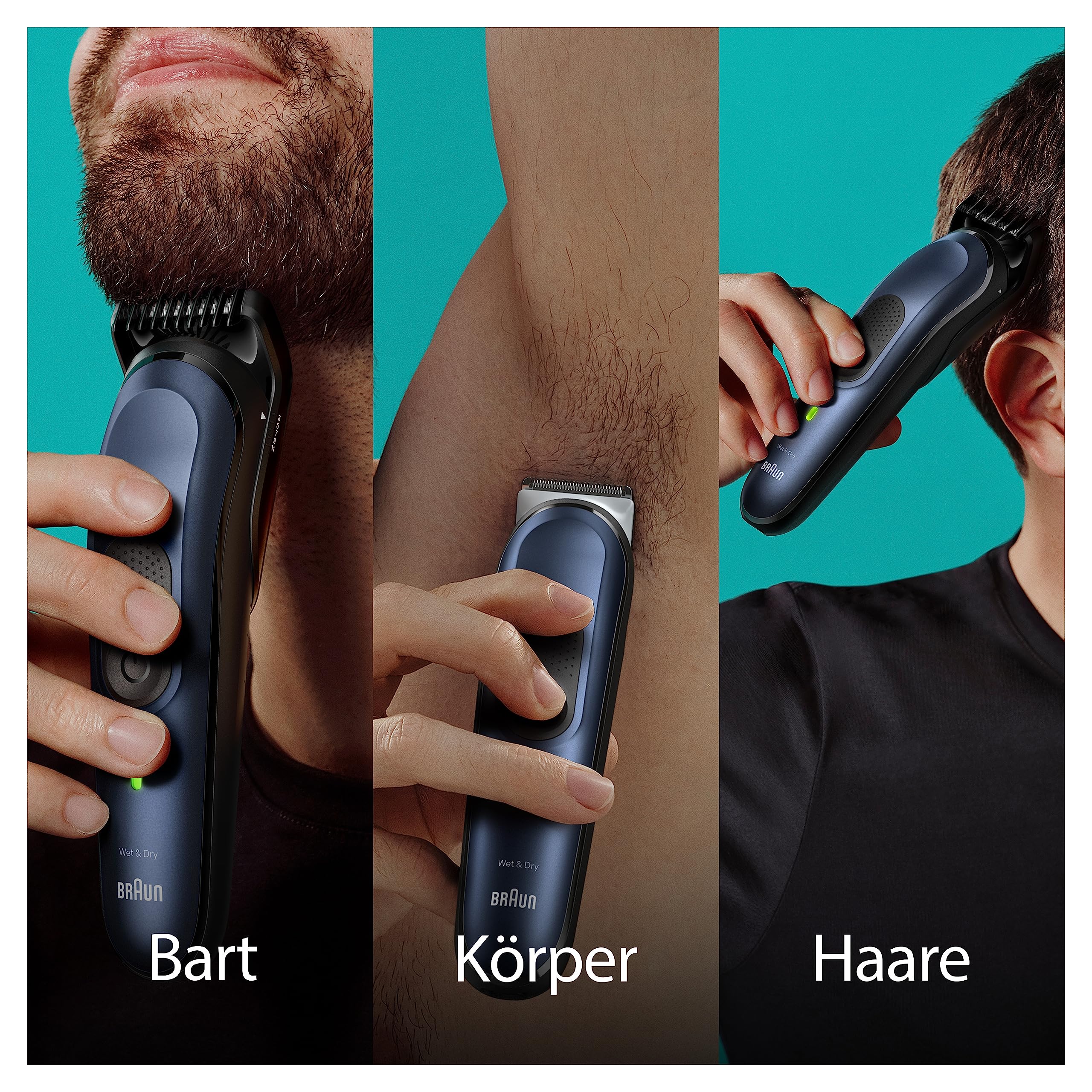 Braun All-In-One Trimmer-Set 7, 11-in-1 Multigroom, Barttrimmer, Nasenhaartrimmer, Haarschneidemaschine für Gesicht, Kopf und Körper, 100 Min. Akku, 14 Längen (3–21 mm), Wasserdicht, MGK7450, Blau