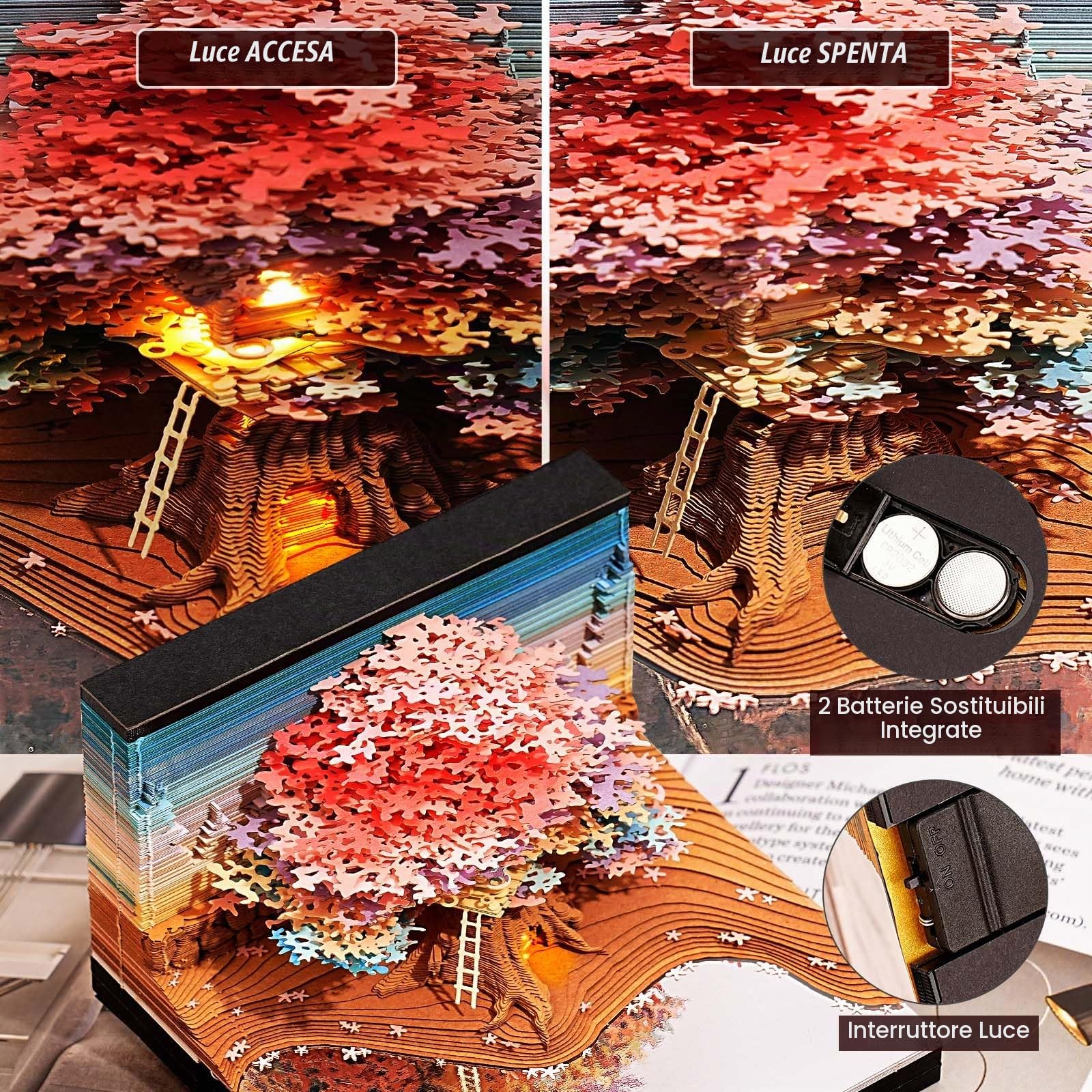 2026 Calendario da Tavolo 3D Blocco note con luce, 2026 Calendario scrivania 3D della casa sull'albero Calendario tempo 3D Calendario della vita Artigianato artistico intaglio fai da te Regalo