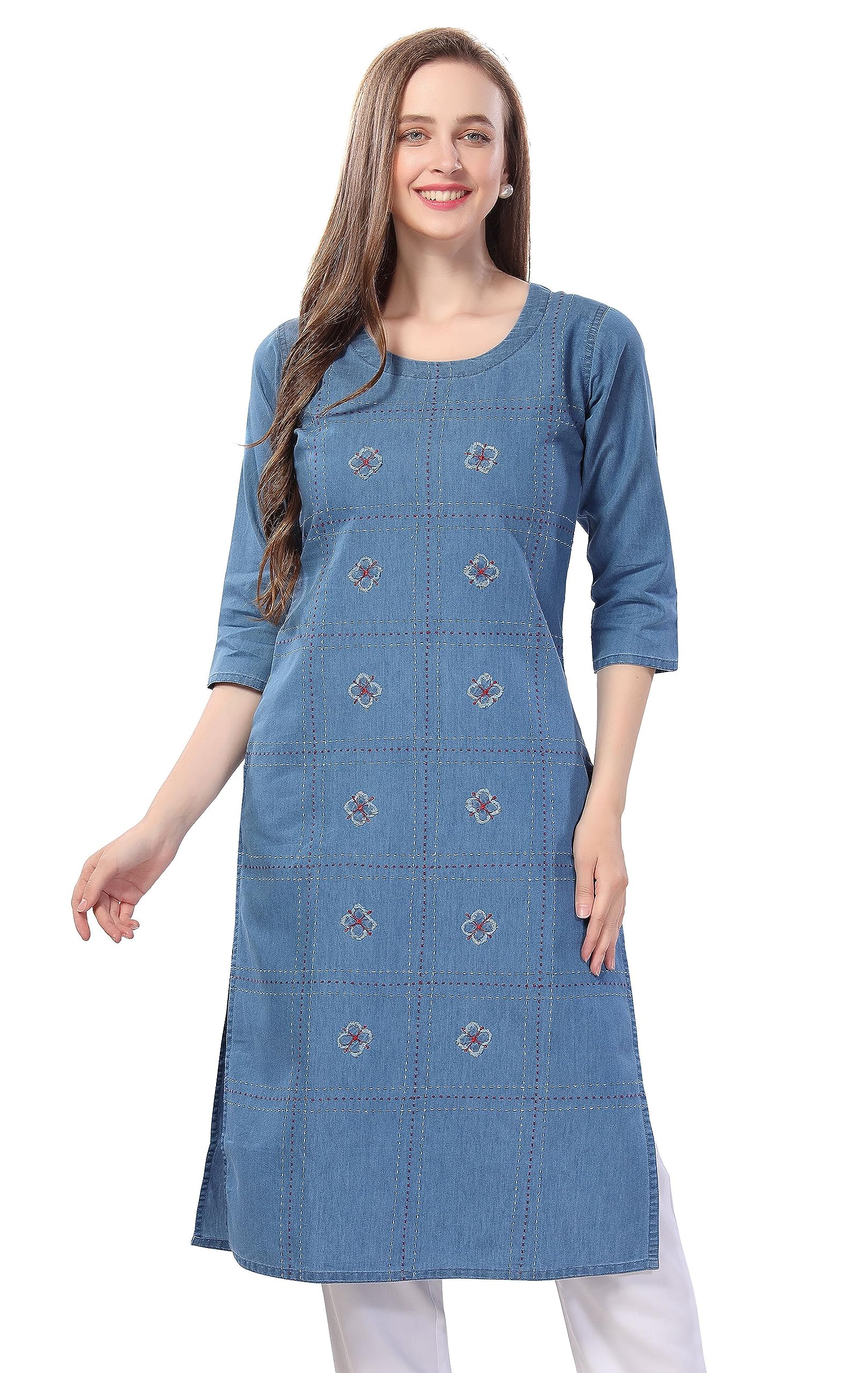 Wrangler Impex Women's Light Blue Denim Kurta with Floral Embroidery in blue