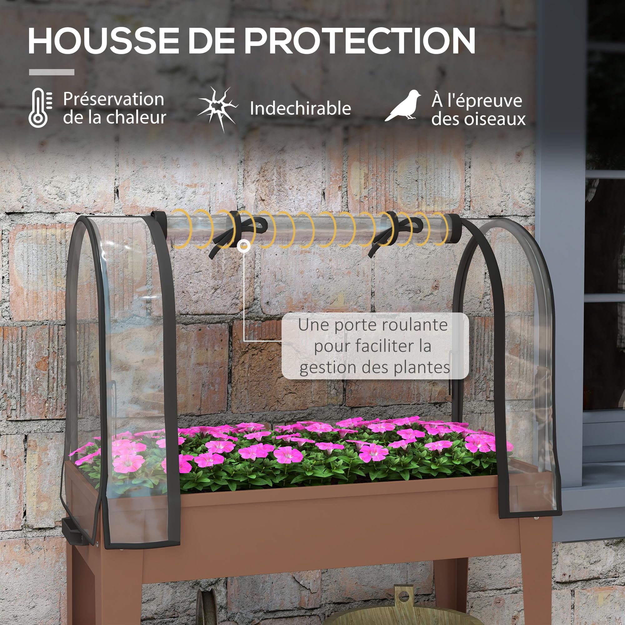 Outsunny Jardinière Surélevée Potager Bâche 80L x 40l x 120H cm Marron | Transparente, Mini Serre de Jardin, 2 Roulettes, 1 Étagère Inférieure, pour Légumes, Fleurs