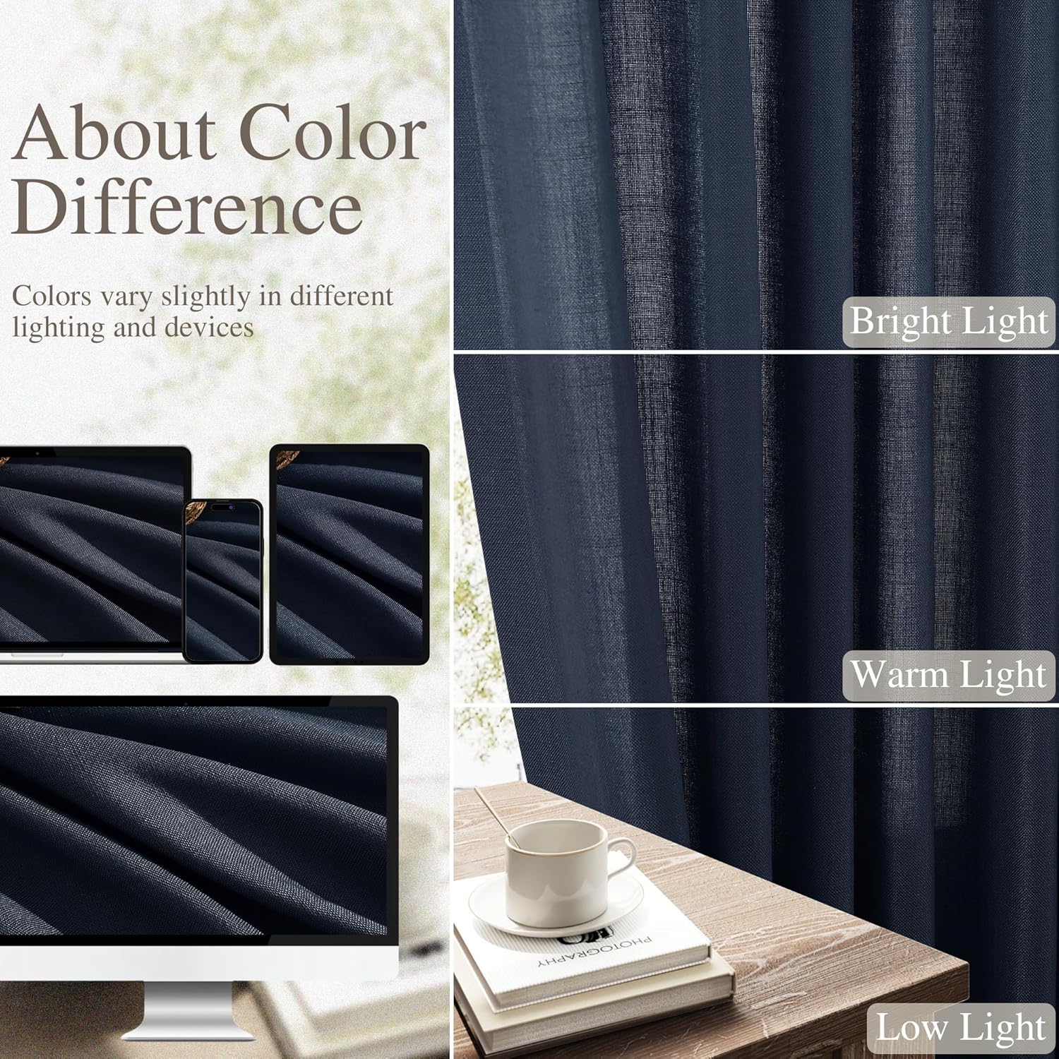 Nanspring Navy Blue Linen Curtains 84 Inch 2 Panels Set for Living Room Back Tab Rod Pocket Modern Semi Sheer Light Filtering Window Drapes with Hooks & Rings for Bedroom Boys Room 52x84 Navy