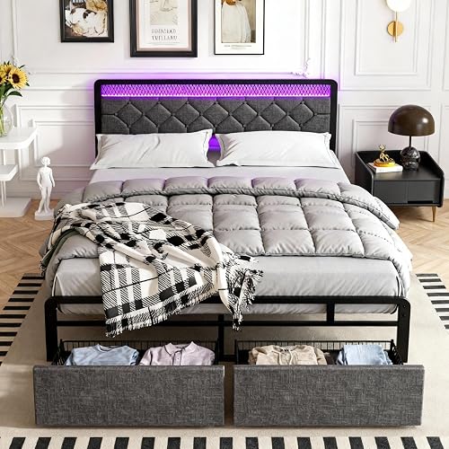 SUNLEI Queen Size Bed Frame with 2 Drawers, Upholstered Platform Bed Frame Queen with Led Light, Metal Platform Bed, Easy Assembly, No Box Spring Needed, Grey